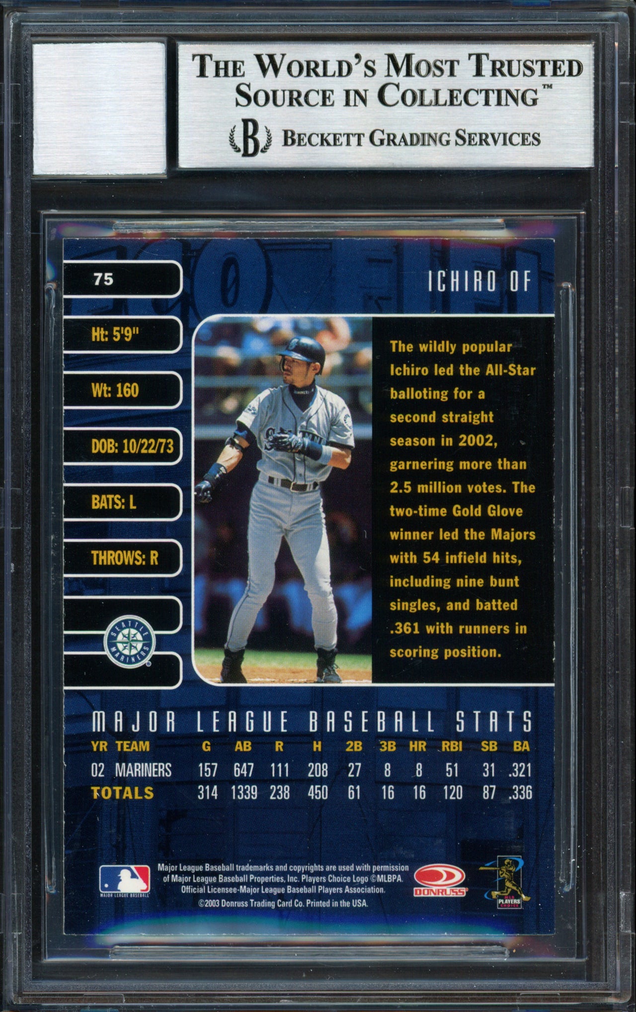 Ichiro Suzuki Autographed 2003 Donruss Studio Card #75 Seattle Mariners Auto Grade 10 Beckett BAS #12491303