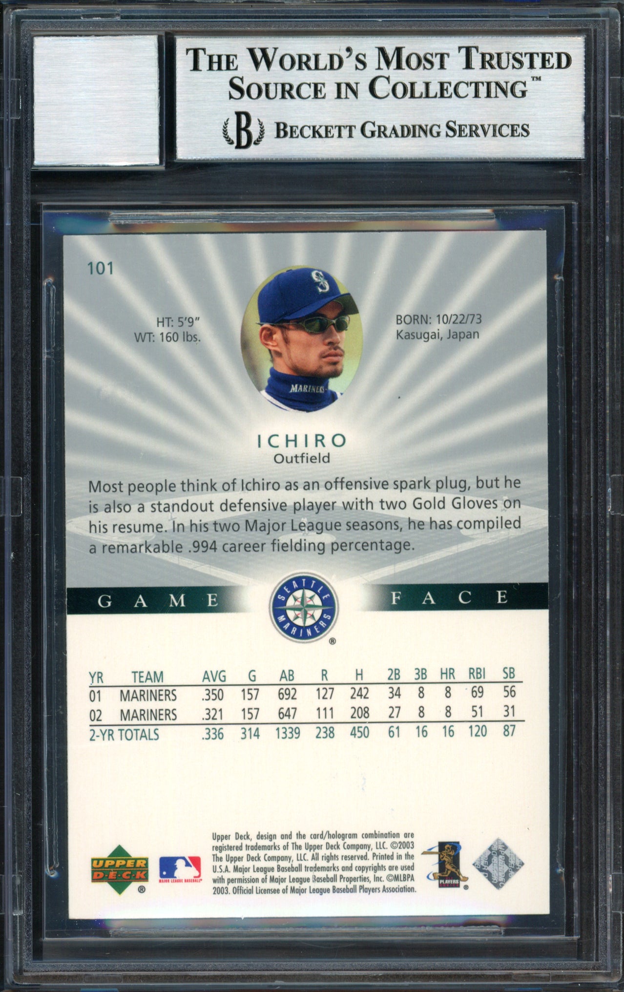 Ichiro Suzuki Autographed 2003 Upper Deck Game Face Card #101 Seattle Mariners Auto Grade 10 Beckett BAS #12491336