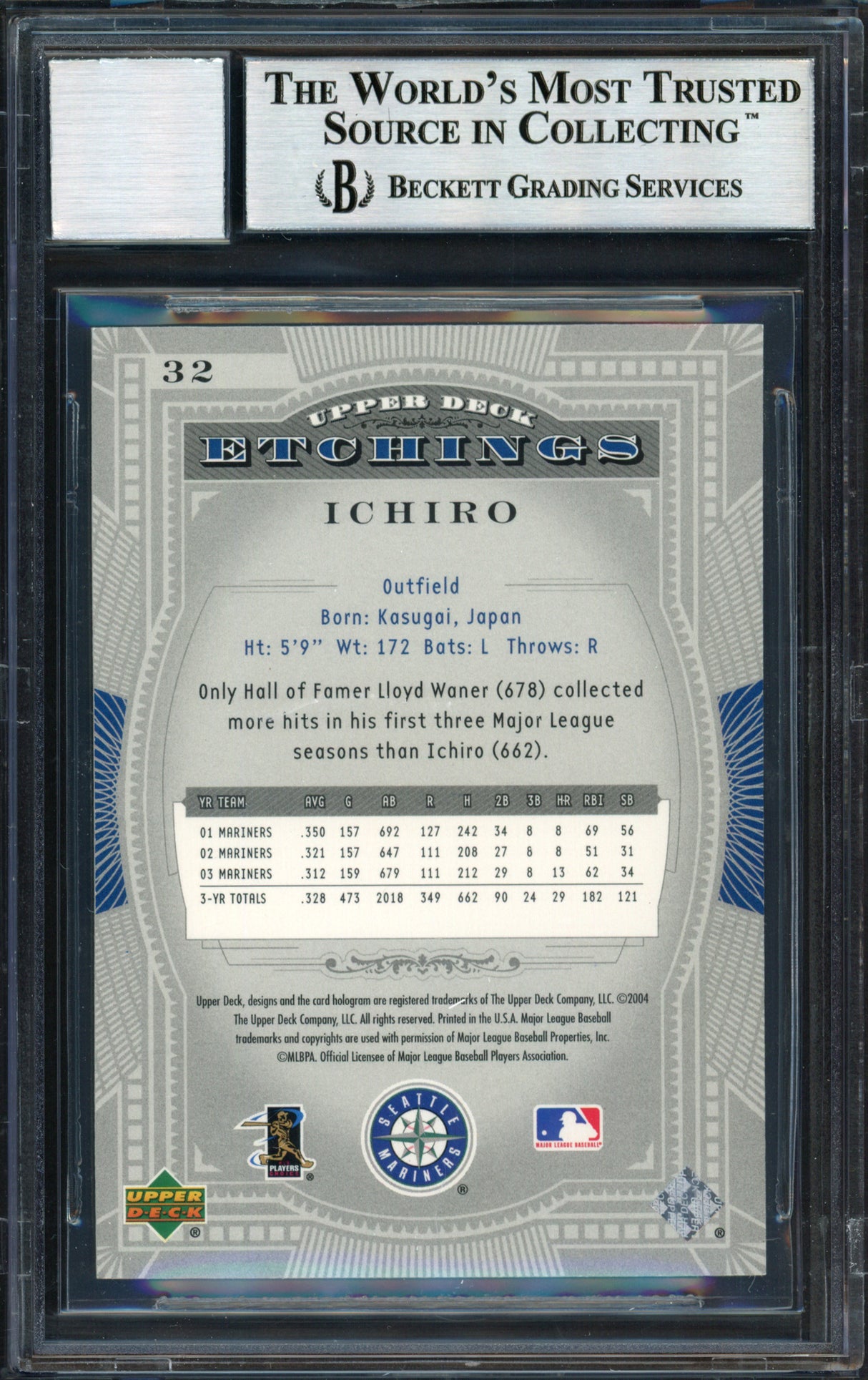 Ichiro Suzuki Autographed 2004 Upper Deck Etchings Card #32 Seattle Mariners Auto Grade 10 Beckett BAS #12491364