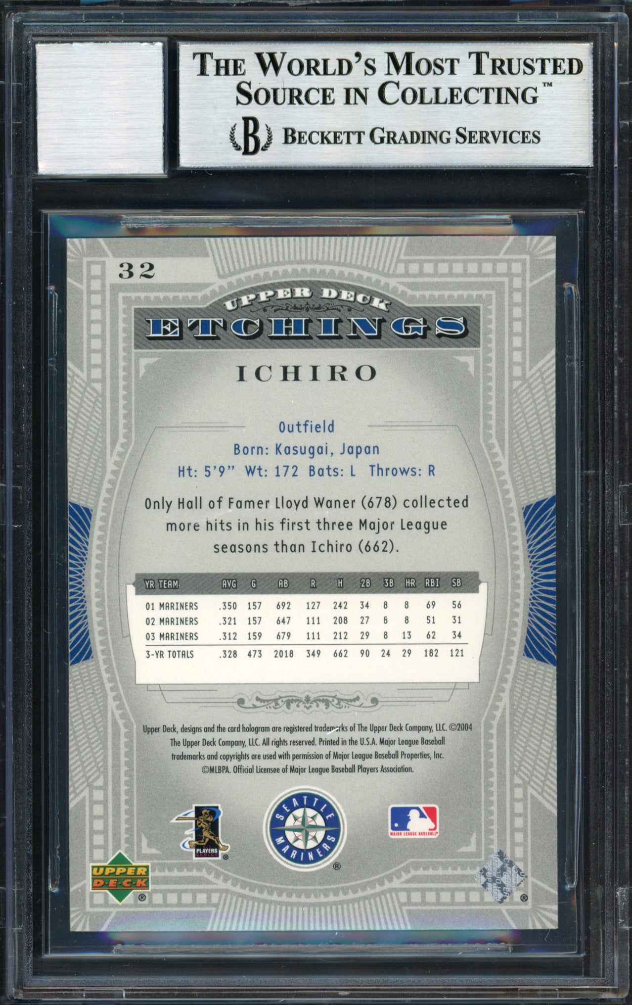 Ichiro Suzuki Autographed 2004 Upper Deck Etchings Card #32 Seattle Mariners Auto Grade 10 Beckett BAS #12491364