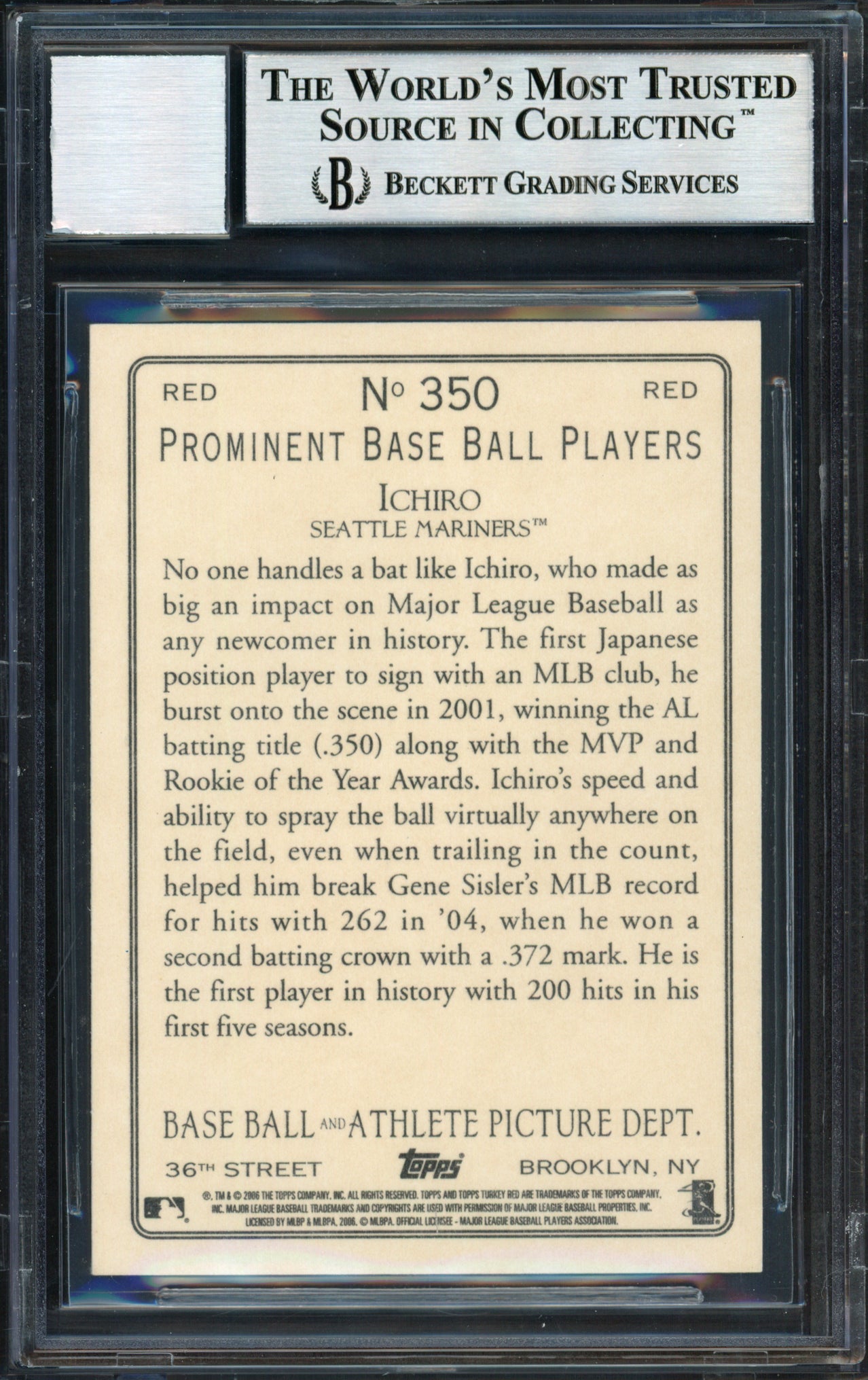 Ichiro Suzuki Autographed 2006 Topps Turkey Red Card #350 Seattle Mariners Auto Grade 10 Beckett BAS #12491468