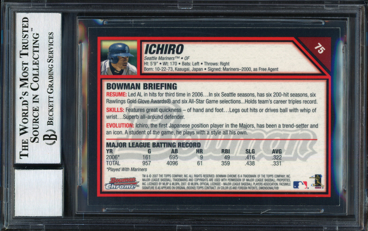 Ichiro Suzuki Autographed 2007 Bowman Chrome Card #75 Seattle Mariners Auto Grade 10 Beckett BAS #12491473