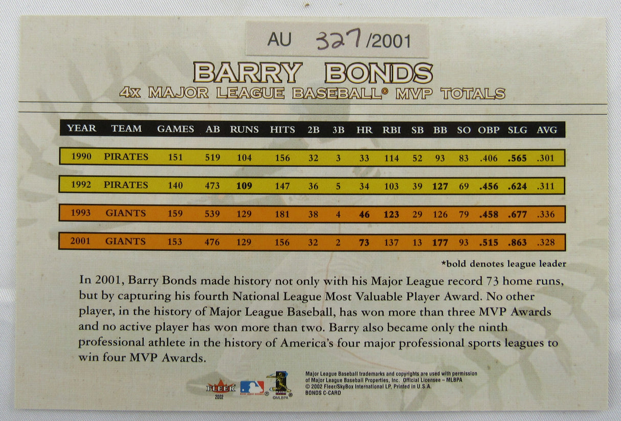 2002 Fleer Barry Bonds Auto 267/2001 4-X MVP Jumbo Card 327/2000