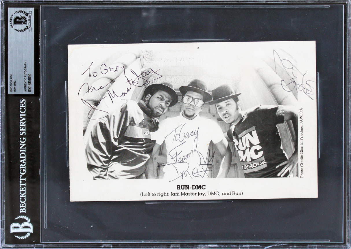 Run DMC (3) Jam Master Jay, DMC & Run Authentic Signed 5.5x8.5 Photo BAS Slabbed