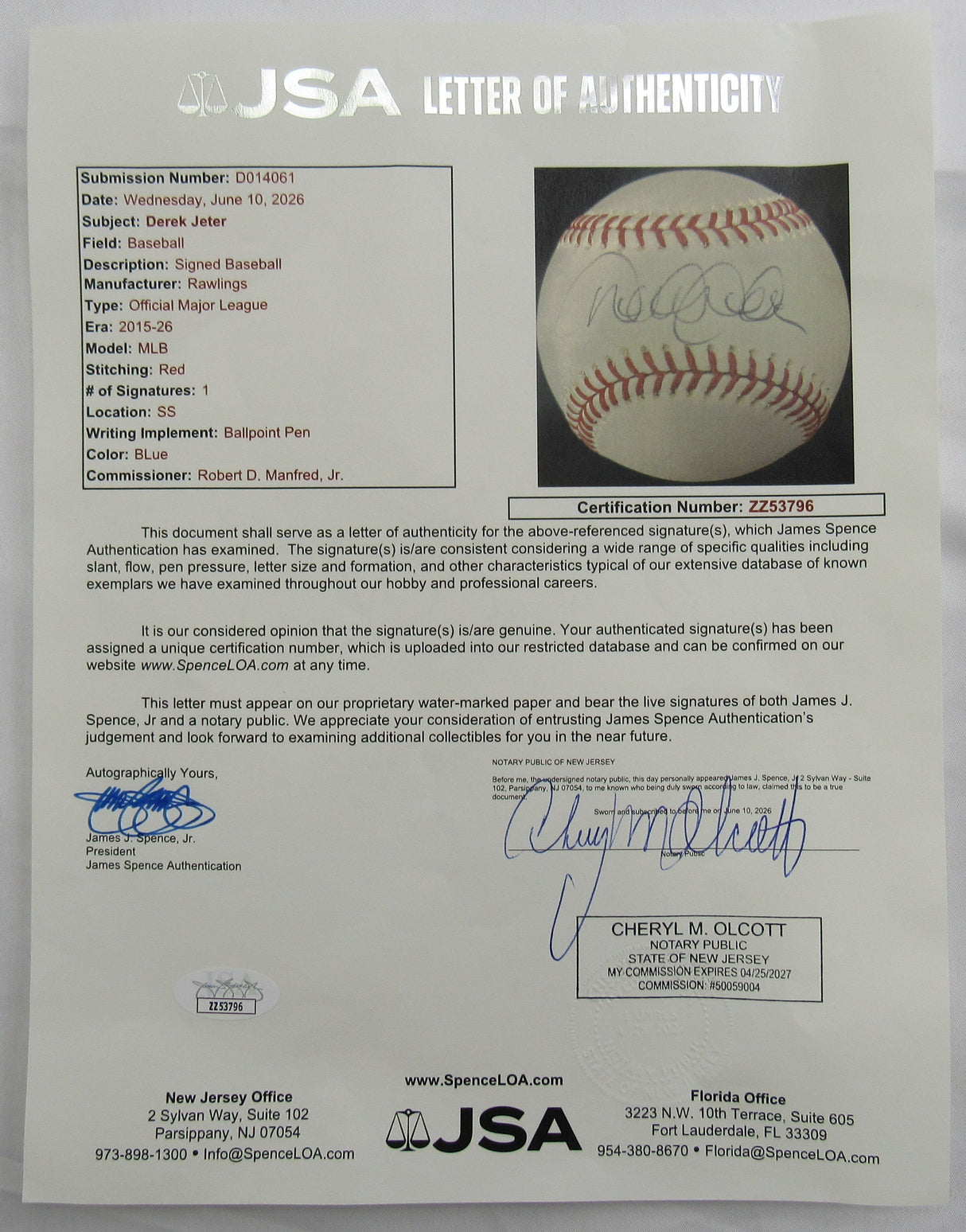 Derek Jeter Signed Auto Rawlings Baseball JSA LOA ZZ53796