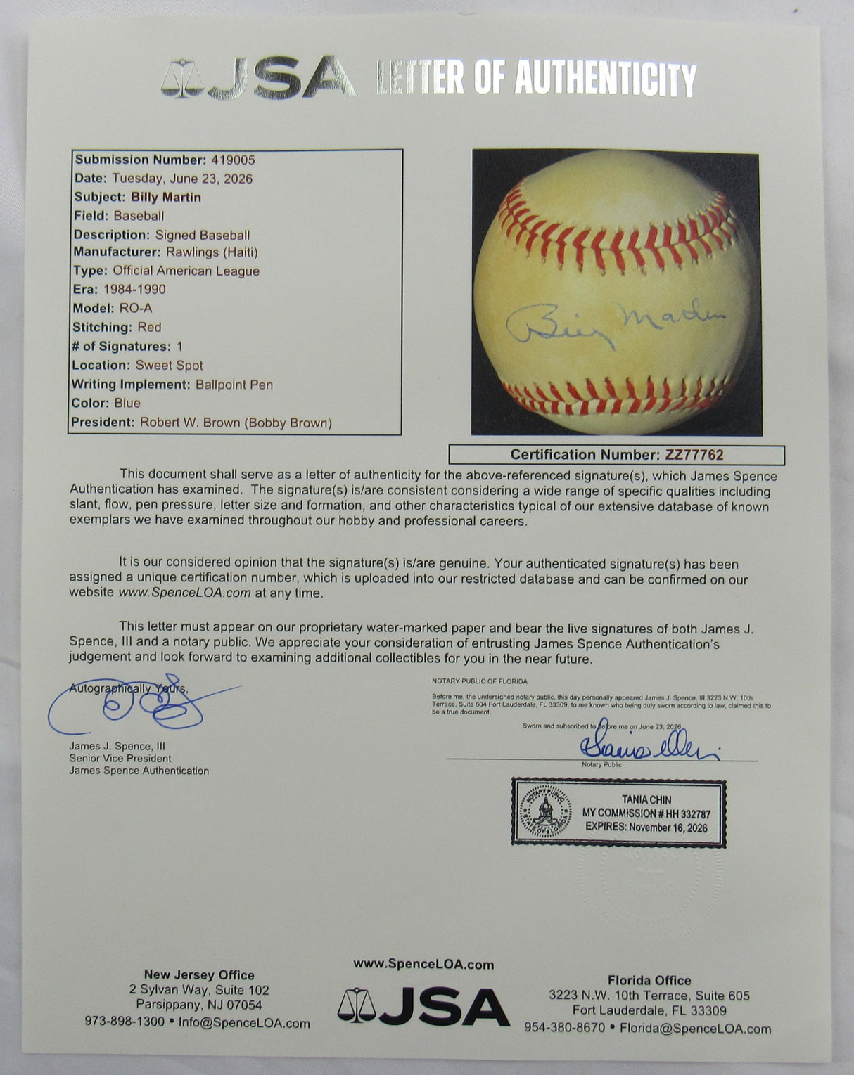 Billy Martin Signed Auto Rawlings Baseball JSA LOA ZZ77762