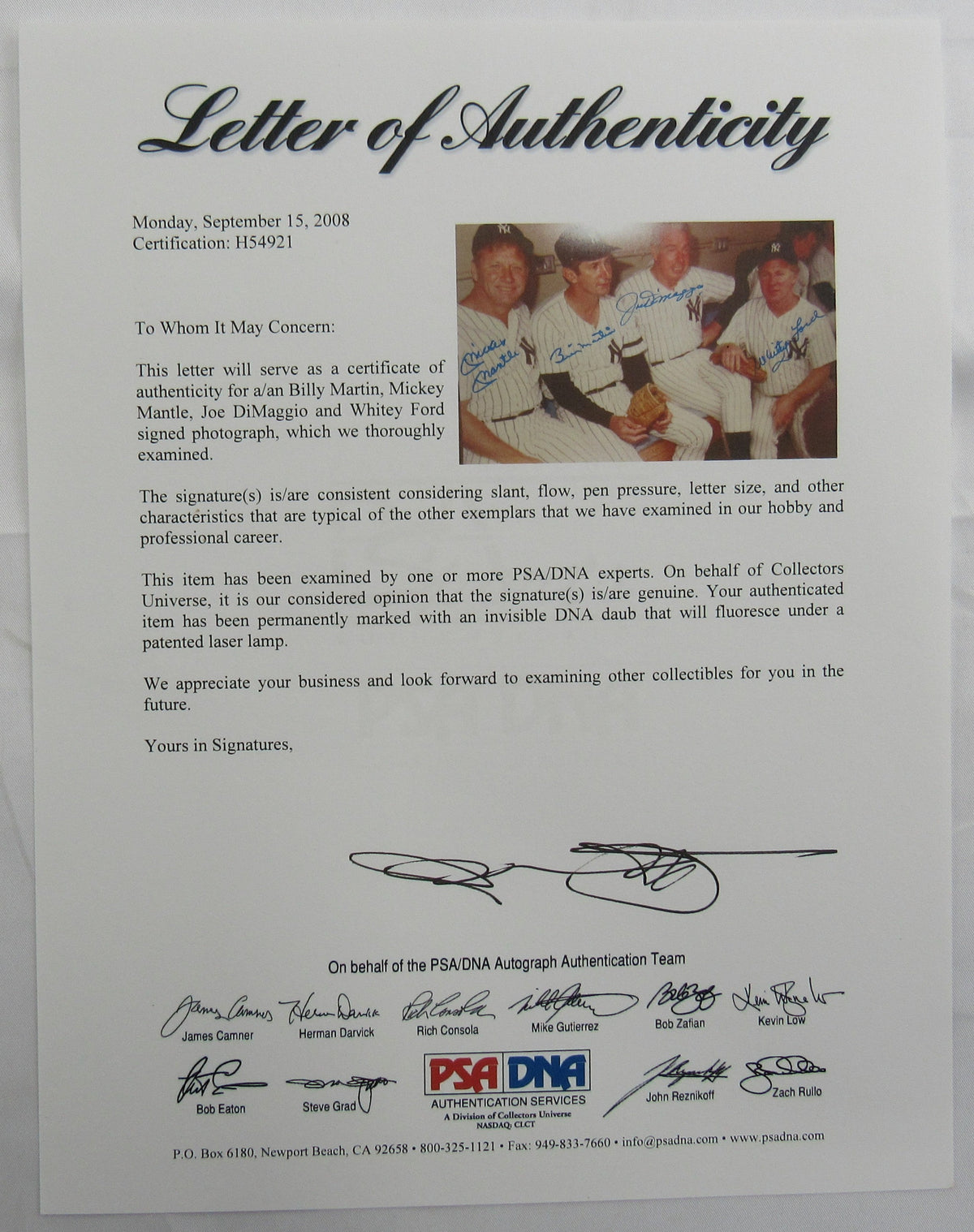 Mickey Mantle Joe DiMaggio Whitey Ford Billy Martin Signed Auto 11x14 Photo PSA/DNA LOA H54921