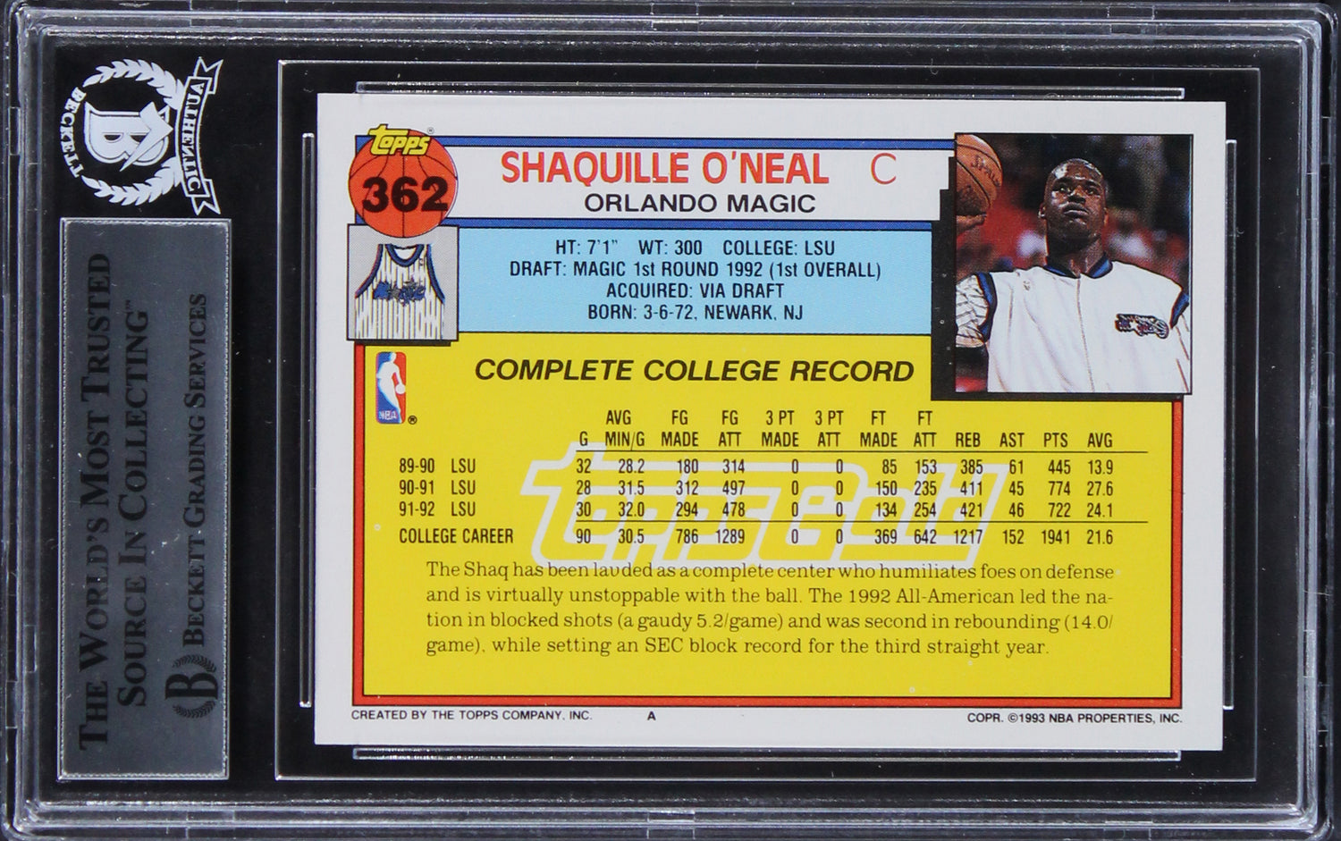 Lakers Shaquille O'Neal Signed 1992 Topps Gold #362 Rookie Card BAS Slabbed