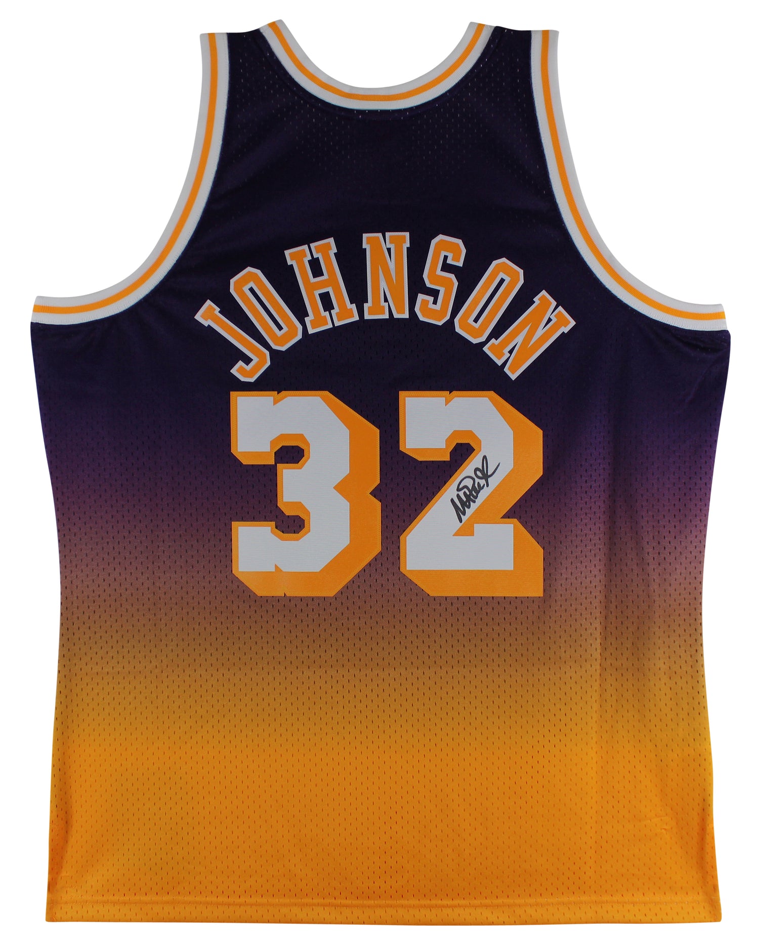 Lakers Magic Johnson Signed Purple Two-Tone M&N 84-85 HWC Swingman Jersey BAS W