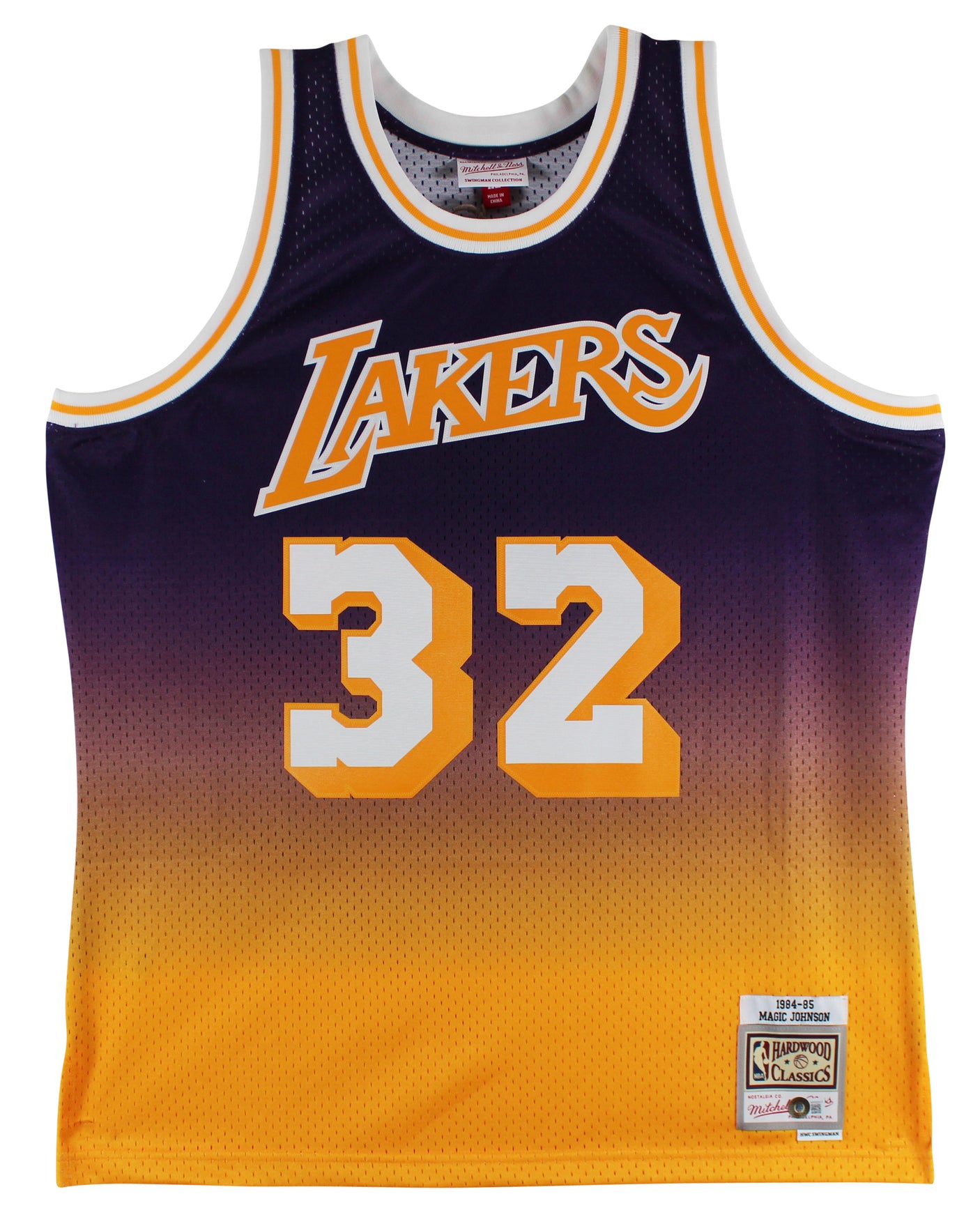 Lakers Magic Johnson Signed Purple Two-Tone M&N 84-85 HWC Swingman Jersey BAS W