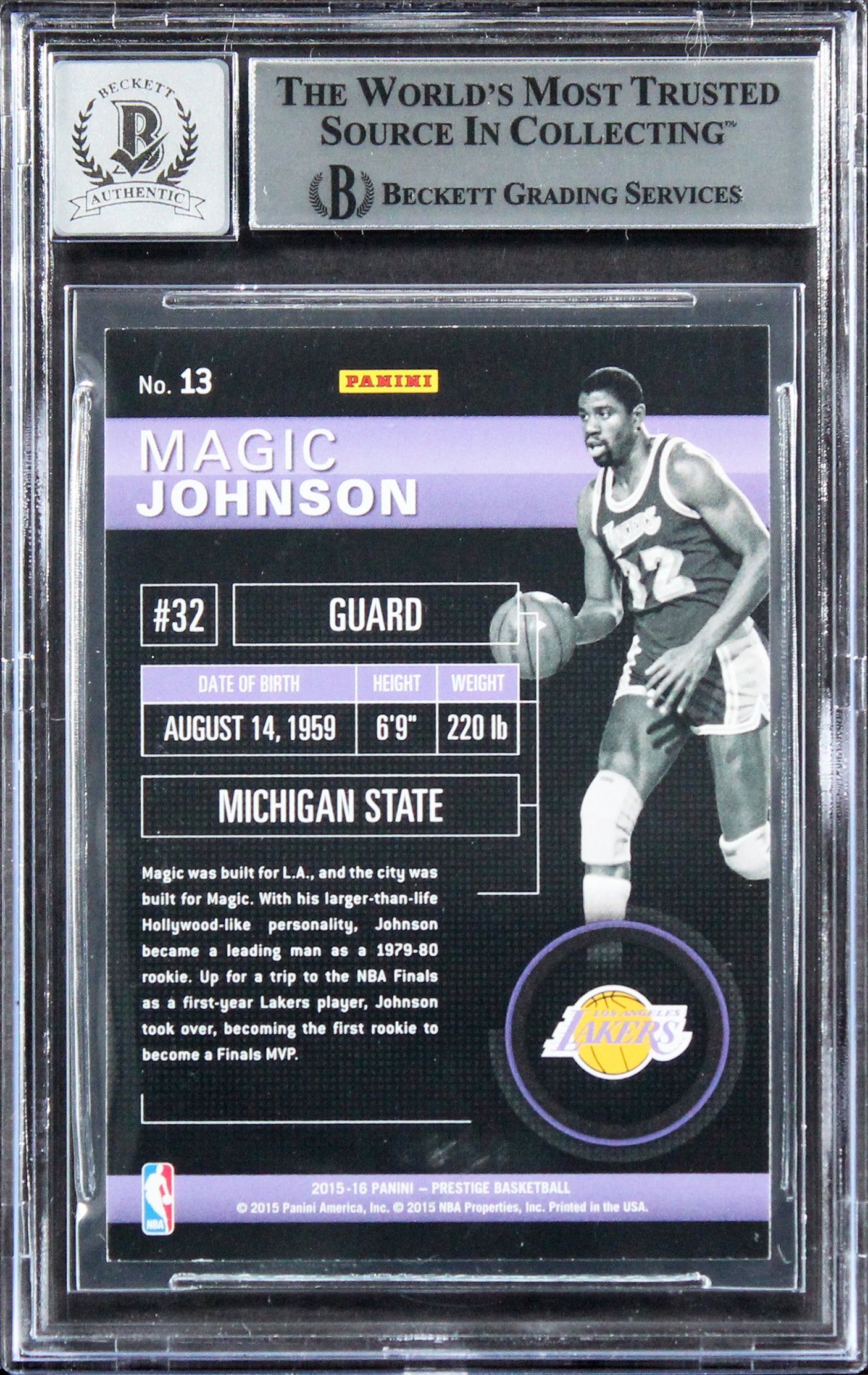 Magic Johnson Signed 2015 Prestige BB #13 Card Auto Graded 10! BAS Slabbed