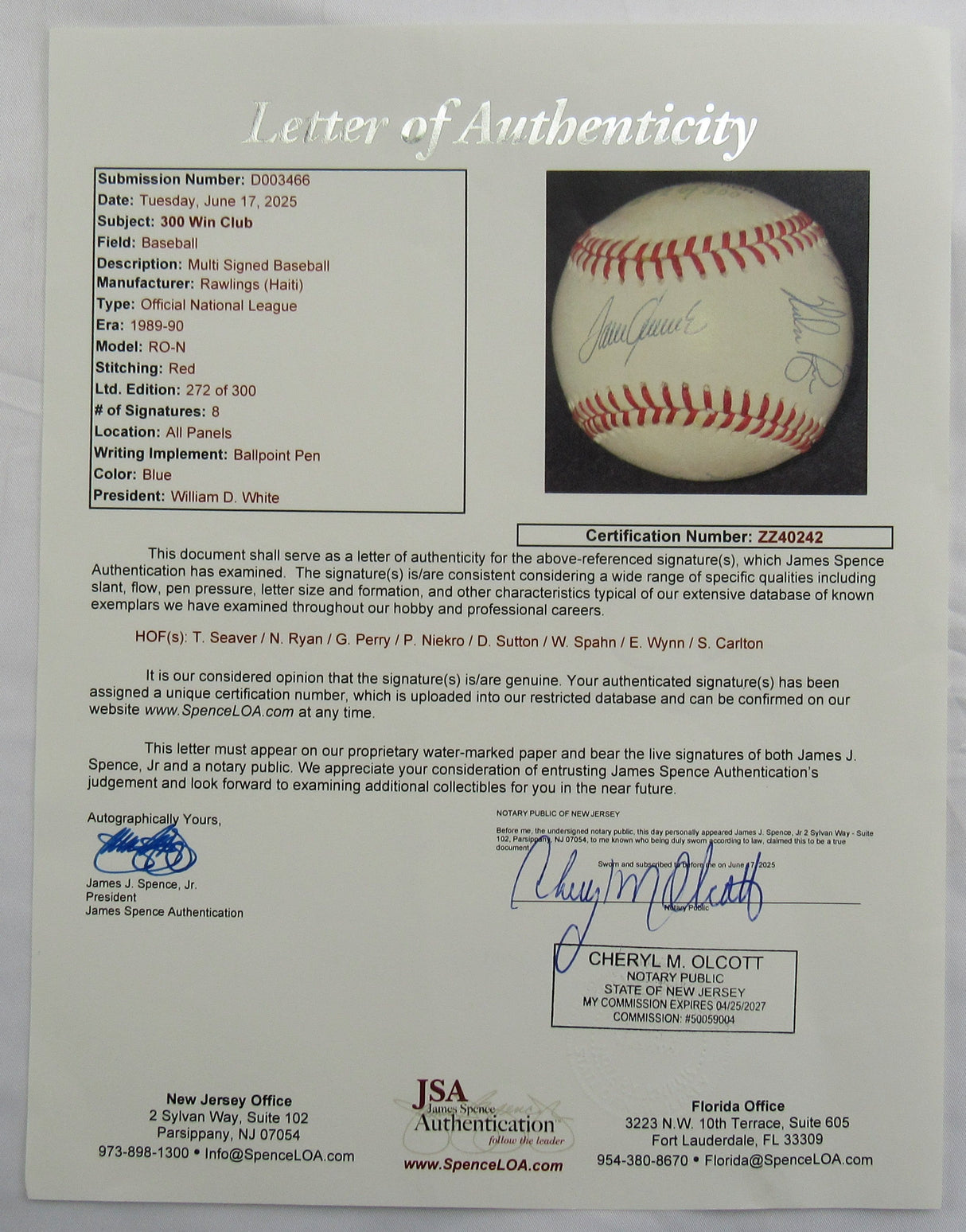 300 Wins Club Signed Rawlings Baseball JSA LOA ZZ40242