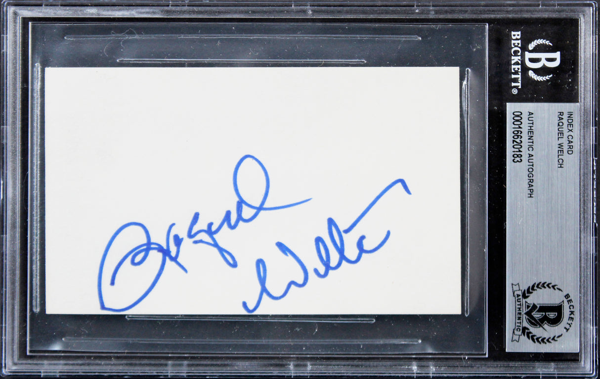 Raquel Welch The Three Musketeers Signed 3x5 Index Card w/ Blue Sig BAS Slabbed