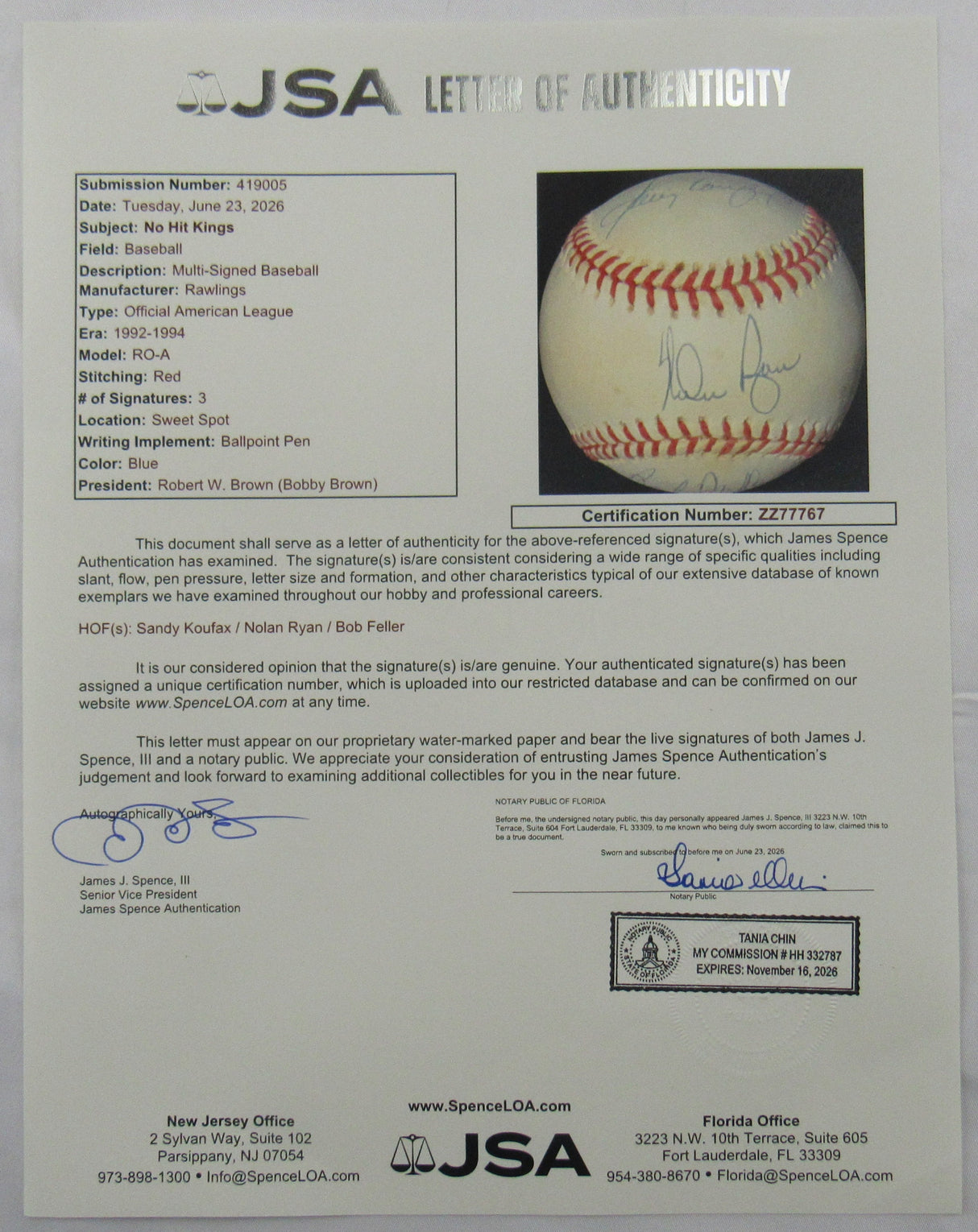Sandy Koufax Nolan Ryan Bob Feller Signed Auto Rawlings Baseball JSA LOA ZZ77767