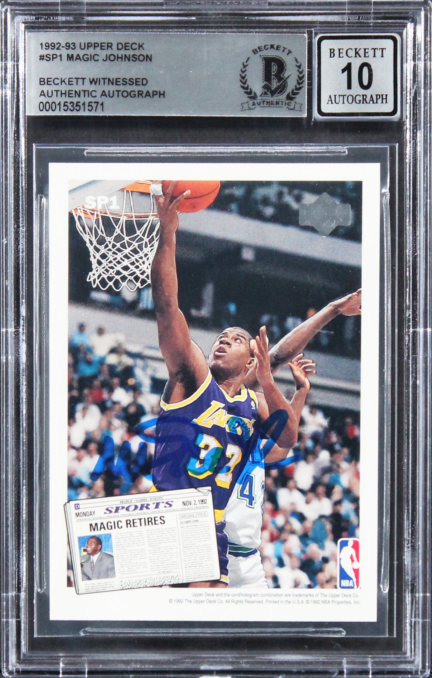 Lakers Magic Johnson Signed 1992 Upper Deck #SP1 Card Auto 10! BAS Slabbed