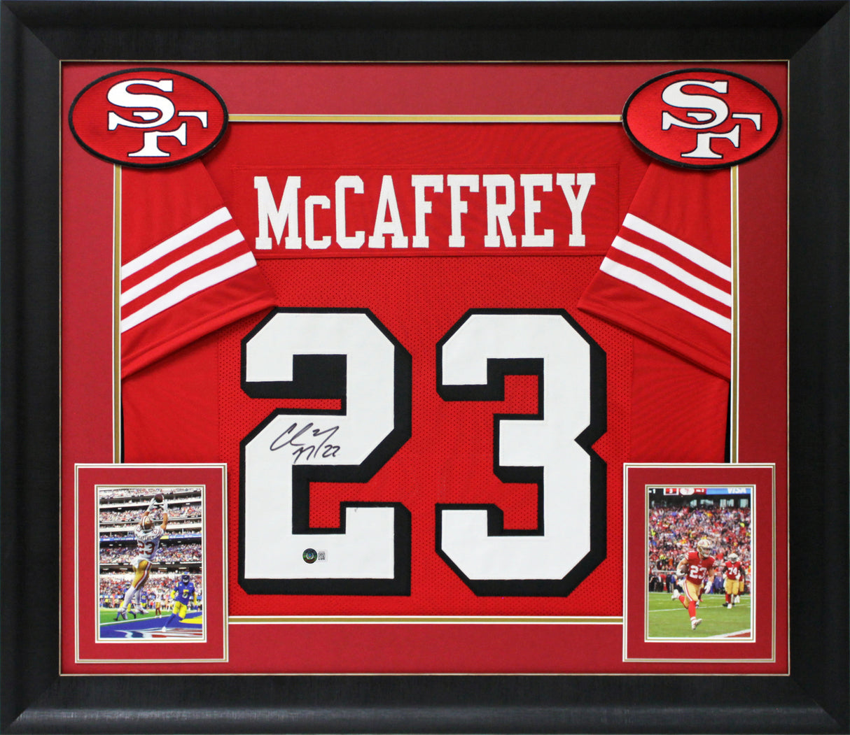 Christian McCaffrey Signed Red Pro Style Framed Jersey w/ Dropshadow BAS