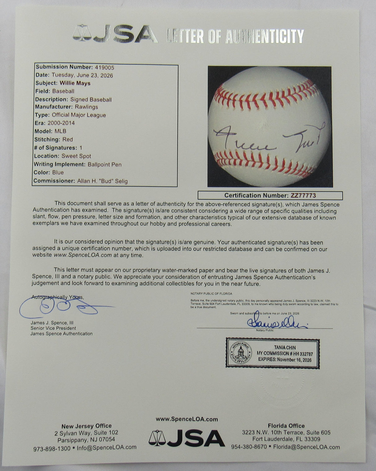 Willie Mays Signed Auto Rawlings Baseball JSA LOA ZZ77773
