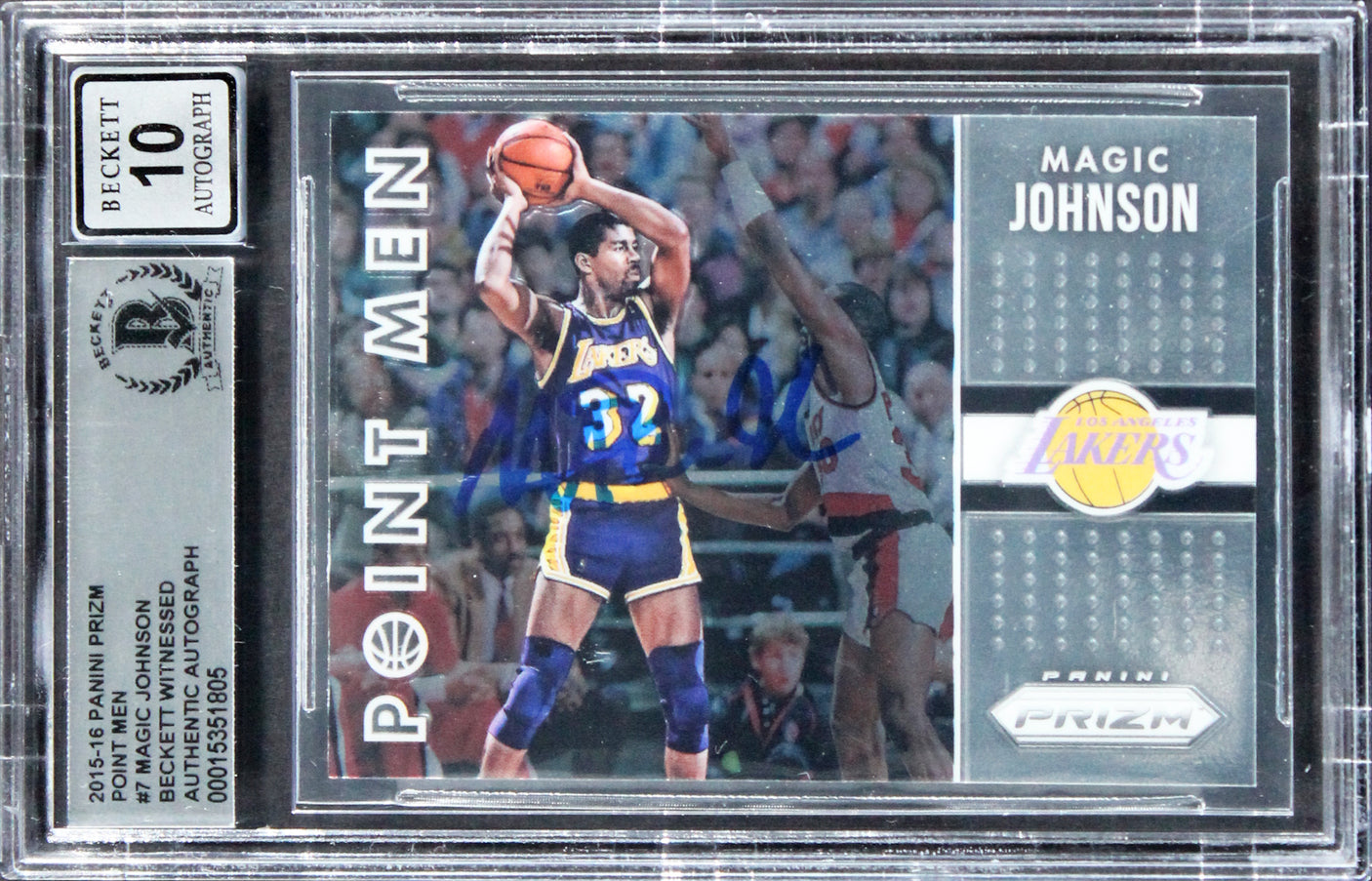 Lakers Magic Johnson Signed 2015 Panini Prizm Point Men #7 Card Auto 10 BAS Slab