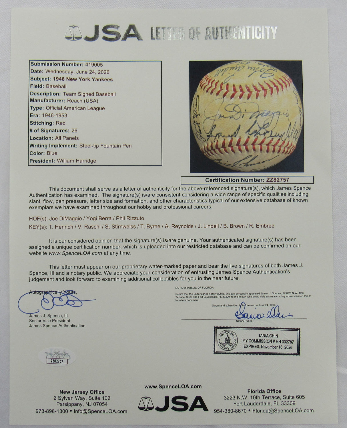 Joe DiMaggio, Yogi Berra, Phil Rizzuto +23 1948 Yankees Team Signed Auto Rawlings Baseball JSA LOA ZZ82757