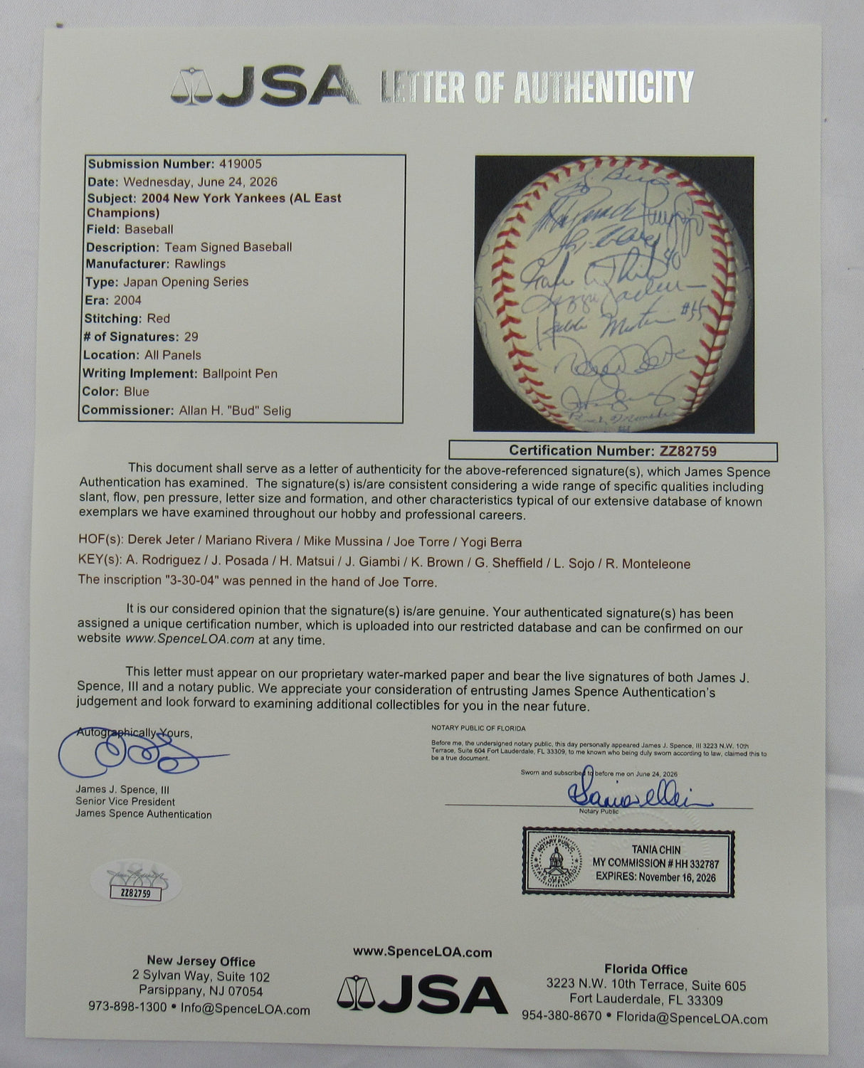 Derek Jeter Mariano Rivera Mike Mussina +23 2004 Yankees Team Signed Auto Rawlings Baseball JSA LOA ZZ82759