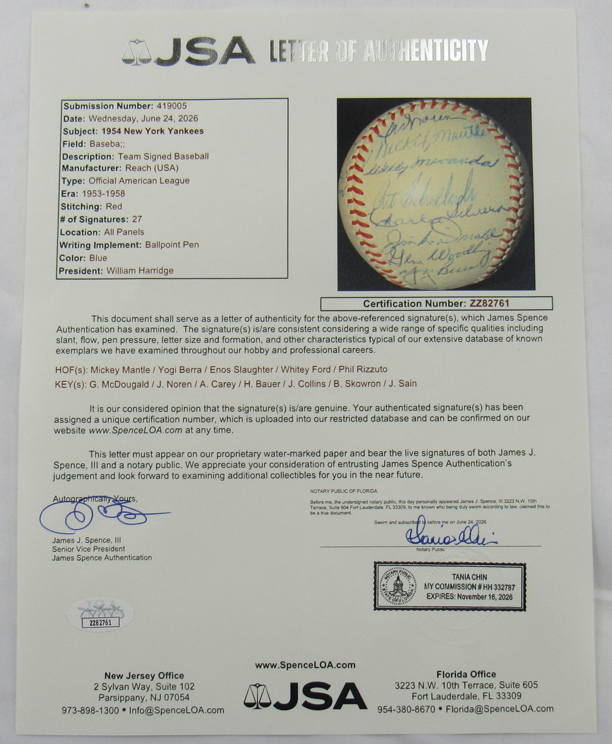 Mickey Mantle Yogi Berra Enos Slaughter +24 1954 Yankees Team Signed Auto Rawlings Baseball JSA LOA ZZ82761
