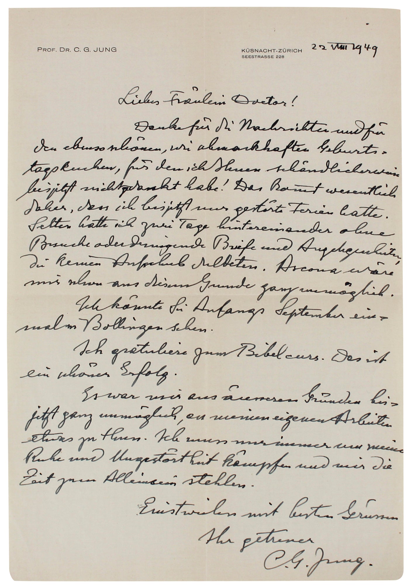 Carl Jung Authentic Signed 8.25x11.5 1949 Handwritten Letter BAS #AD64009