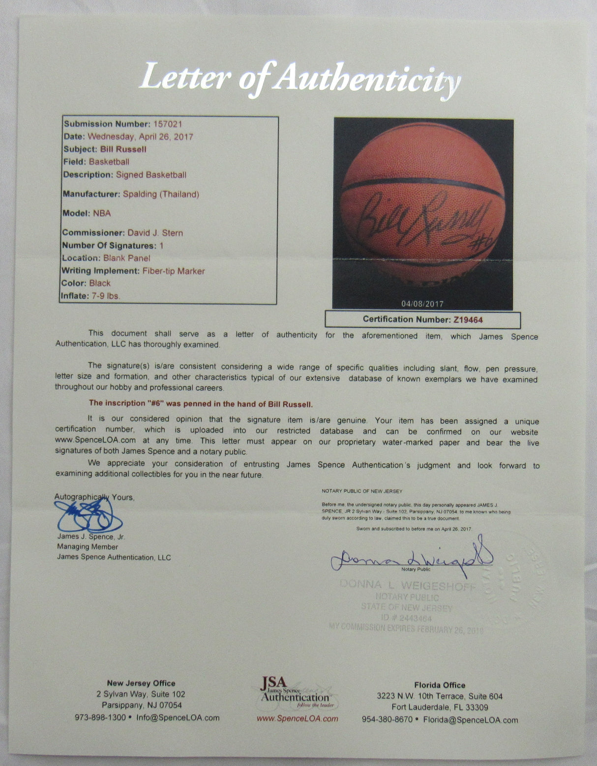 Bill Russell Signed Auto Spalding Basketball JSA LOA