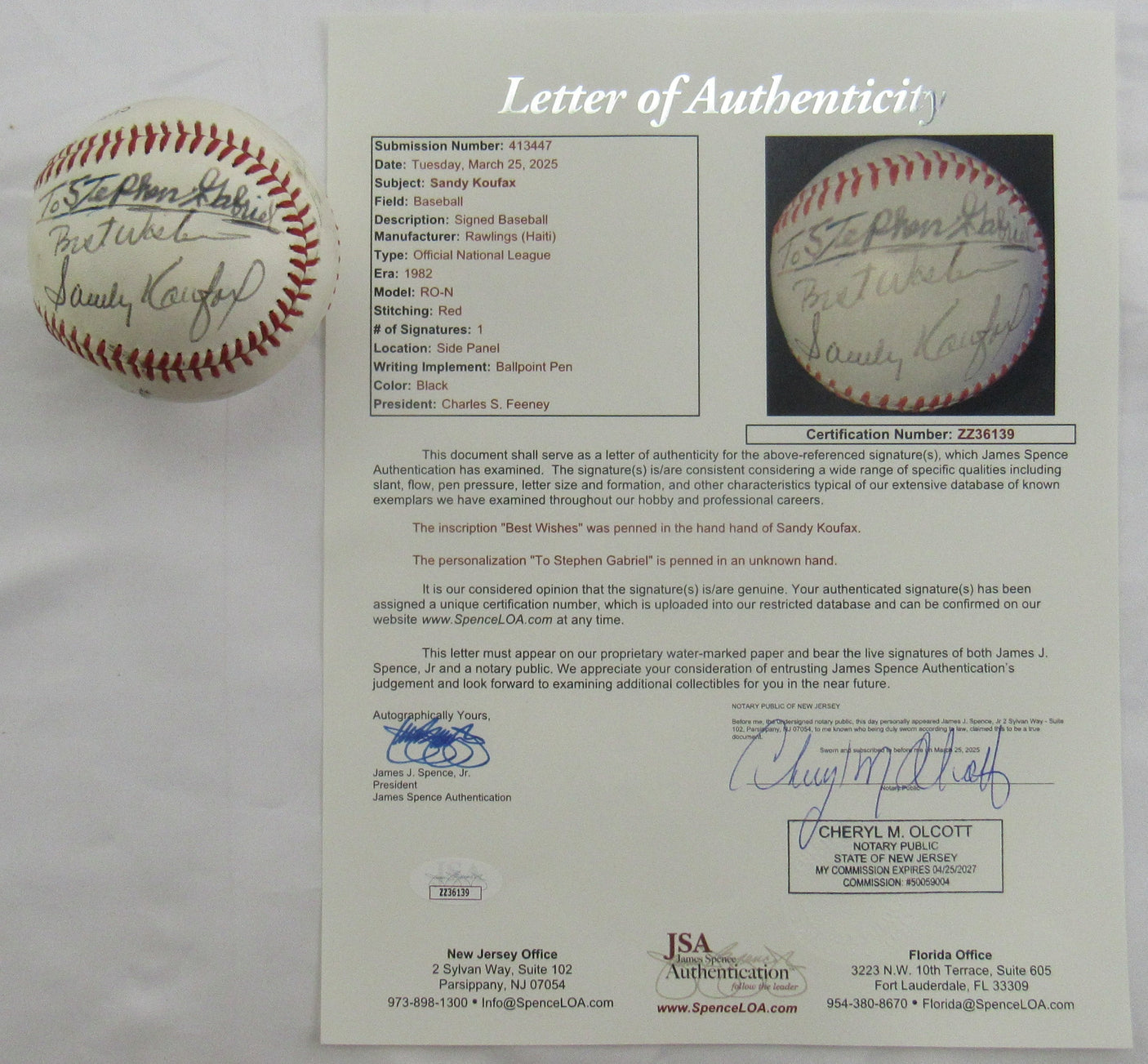 Sandy Koufax Signed Auto Rawlings Baseball w/ Insc JSA LOA ZZ36139