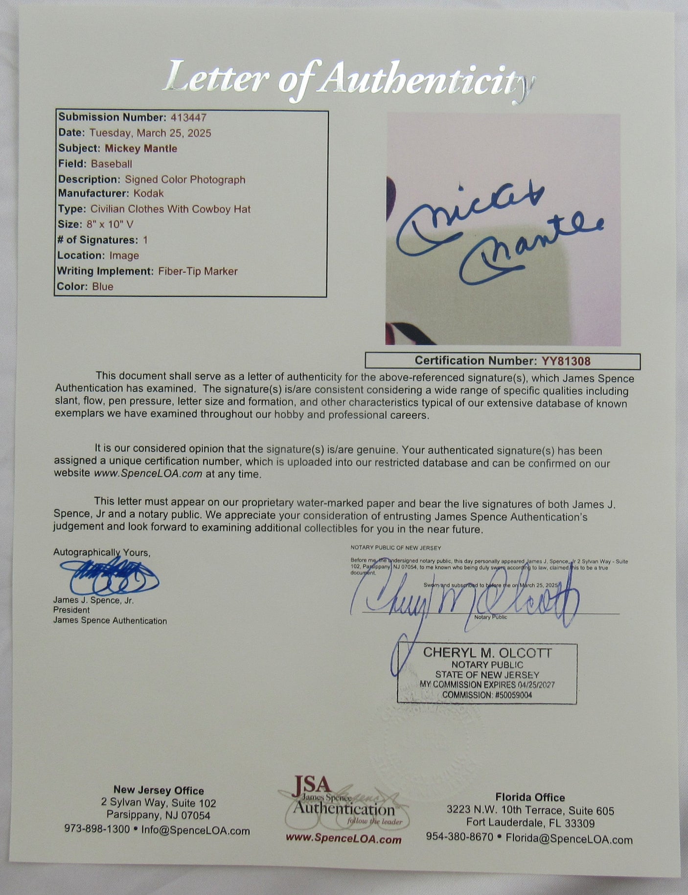 Mickey Mantle Signed Auto 8x10 Photo JSA LOA YY81308