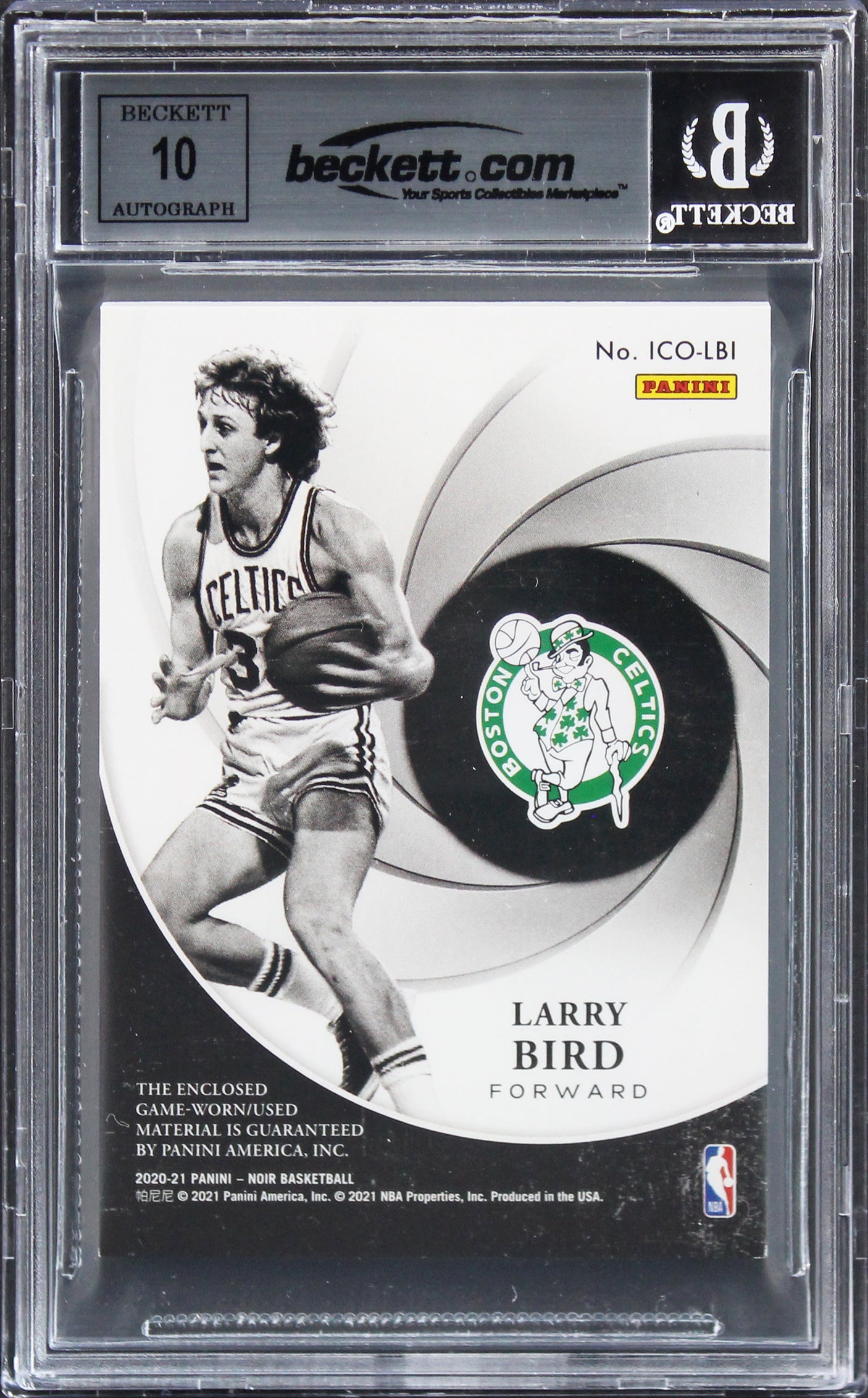 Celtics Larry Bird Signed 2020 Panini Noir Icons Mem #1 #69/99 Card BAS Slabbed