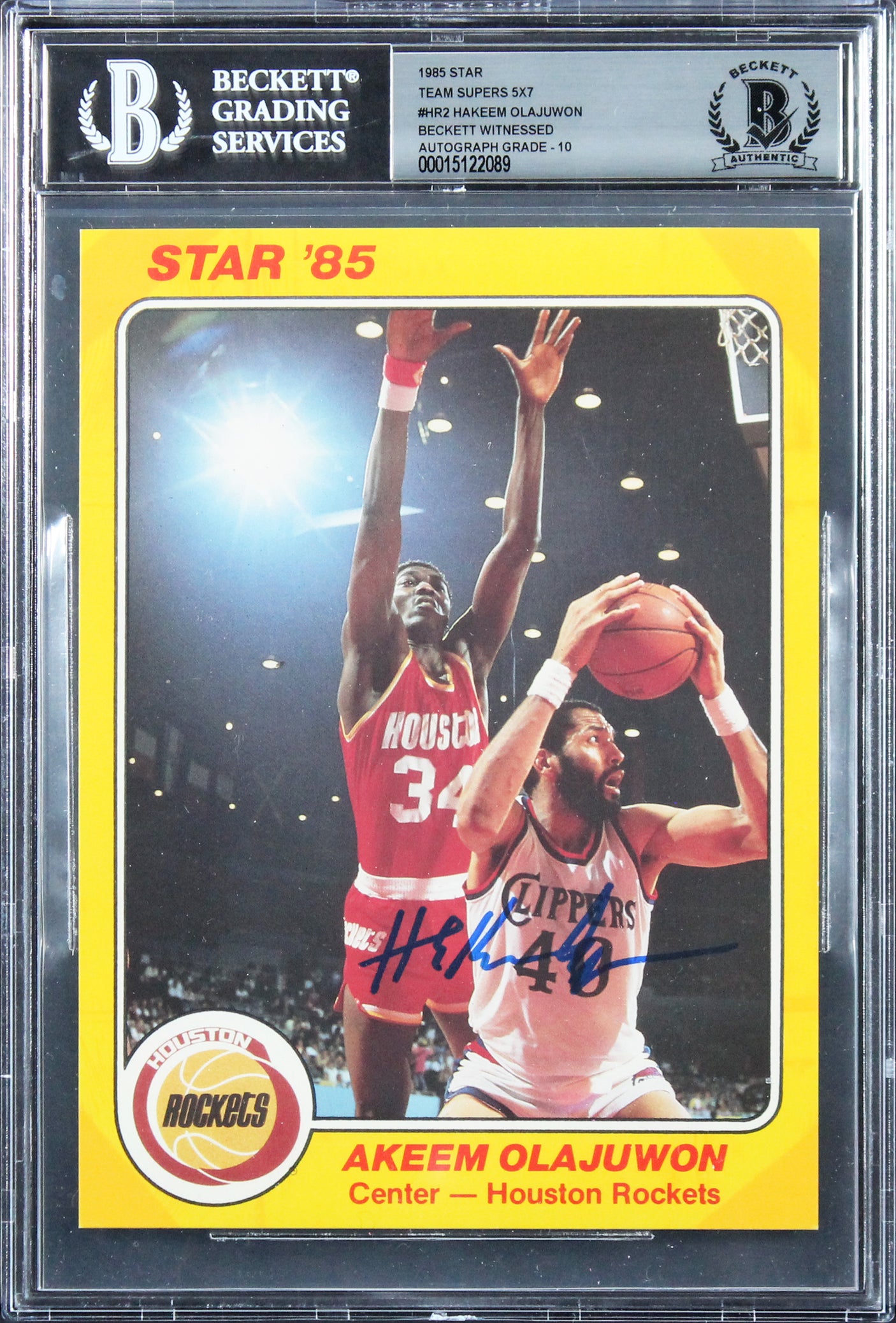 Hakeem Olajuwon Signed 1985 Star Team Supers 5x7 #HR2 Card Auto 10! BAS Slabbed