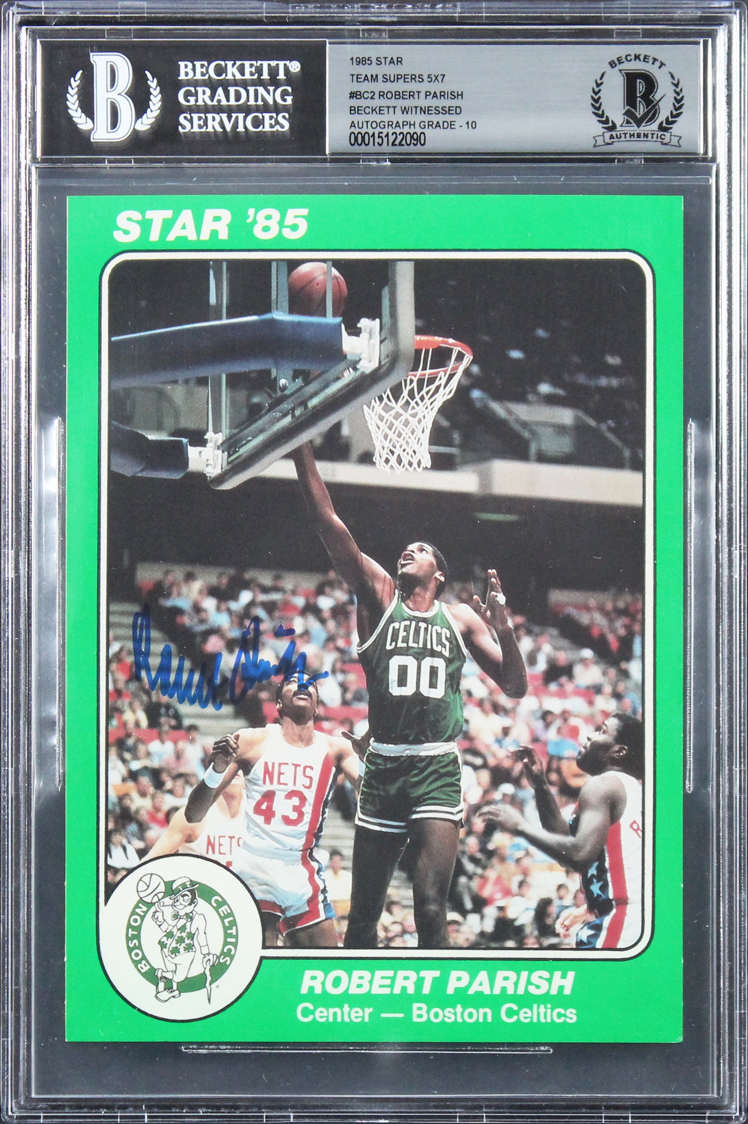 Celtics Robert Parish Signed 1985 Star Team Super 5x7 #BC2 Card Auto 10 BAS Slab