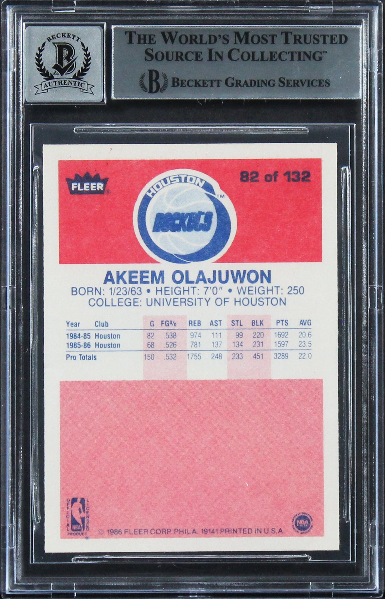 Hakeem Olajuwon "2x Insc" Signed 1986 Fleer #82 Rookie Card Auto 10! BAS Slabbed