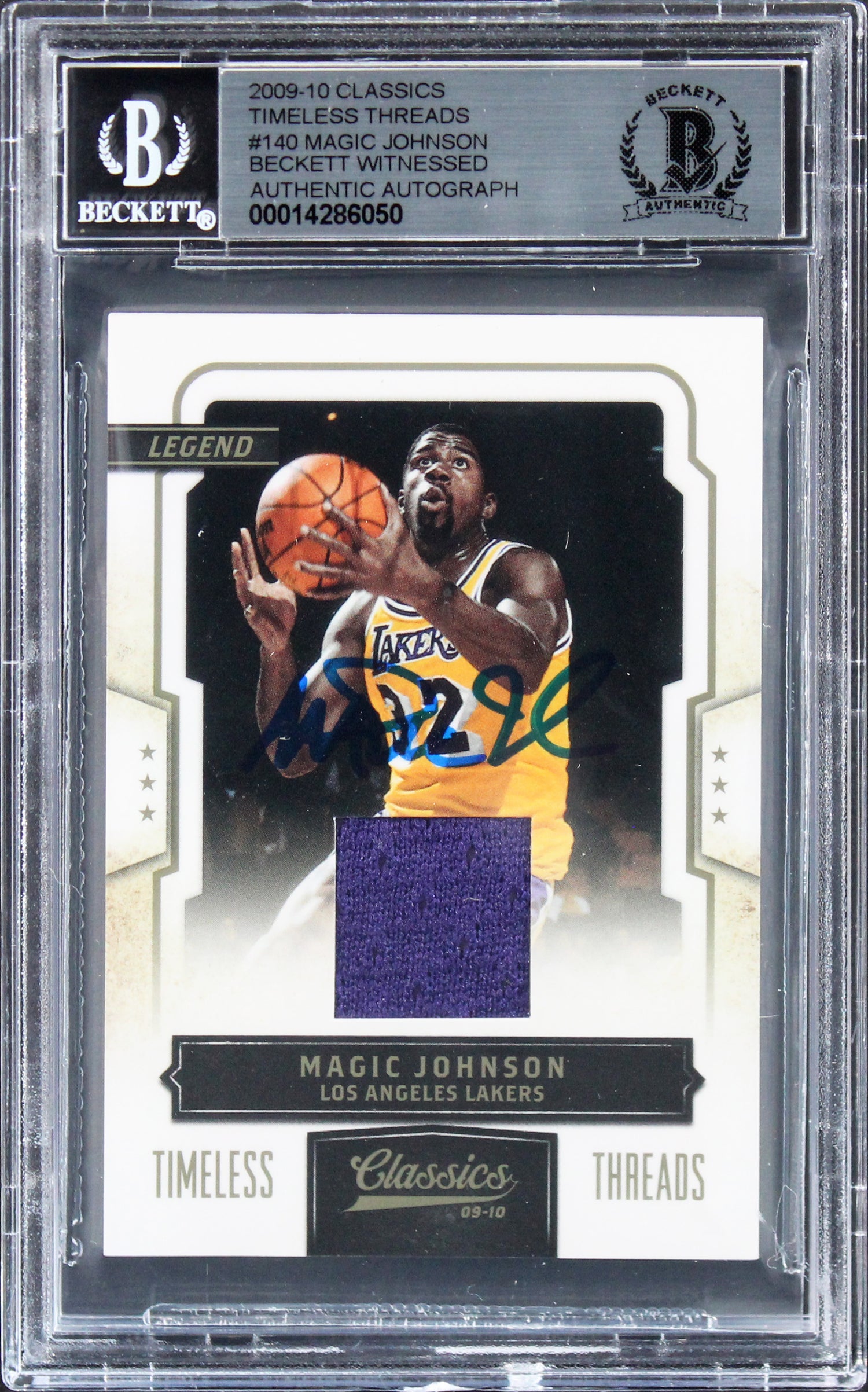 Magic Johnson Signed 2009 Classics Timeless Threads #140 Card Auto 10! BAS Slab