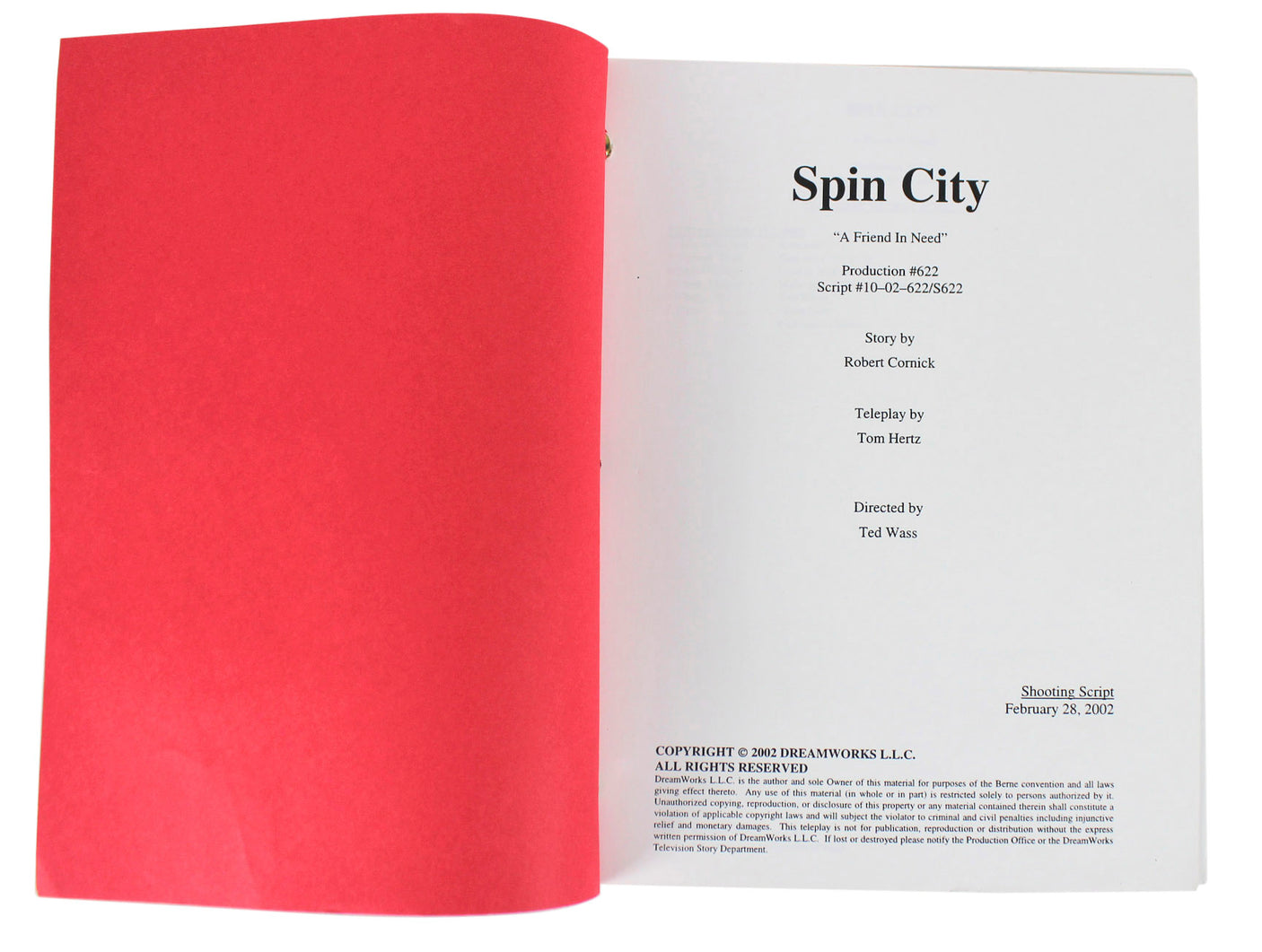 Spin City February 28, 2002 "A Friend In Need" Episode Shooting Script Unsigned