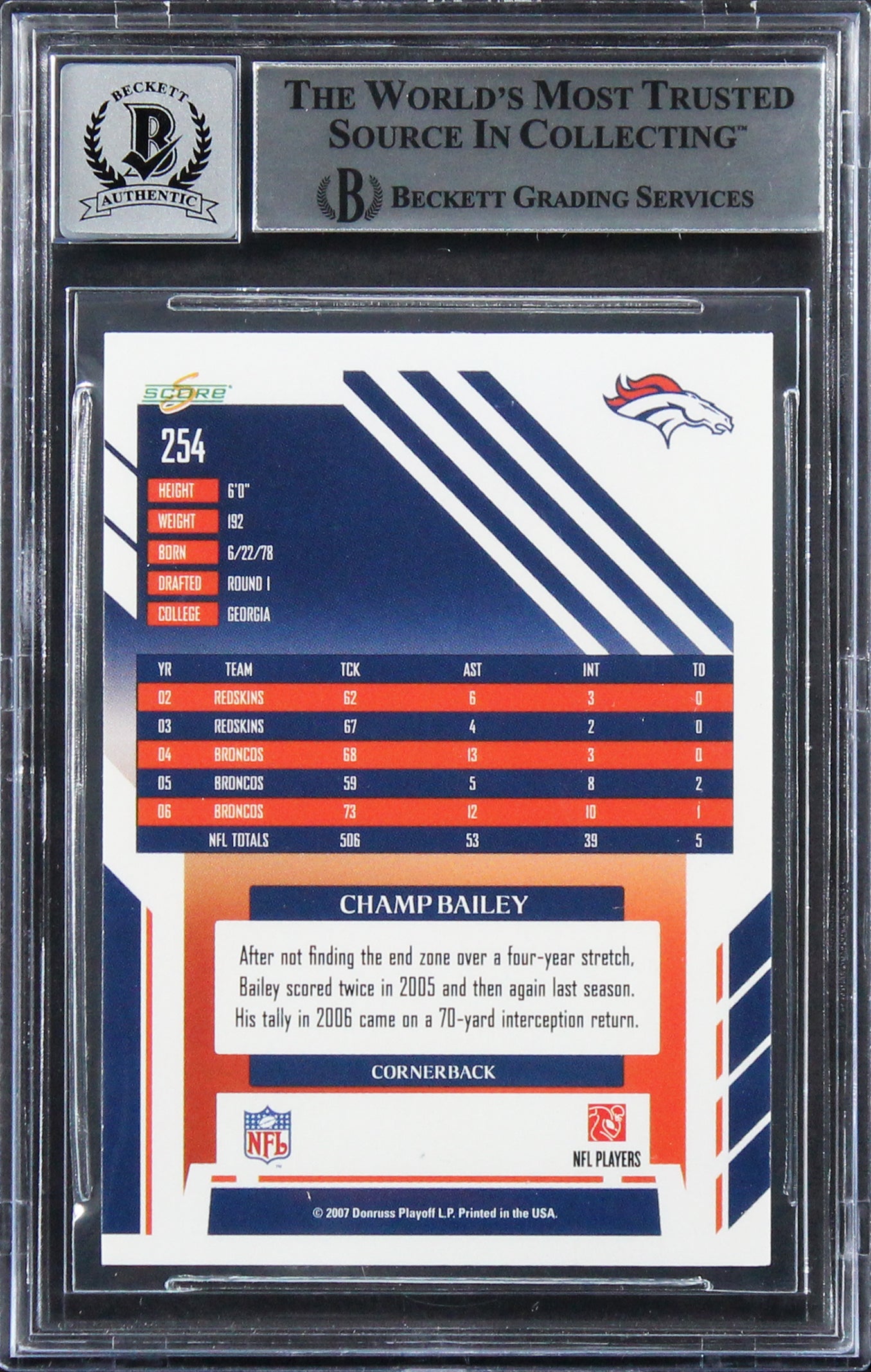 Broncos Champ Bailey Authentic Signed 2007 Score #254 Card Auto 10! BAS Slabbed