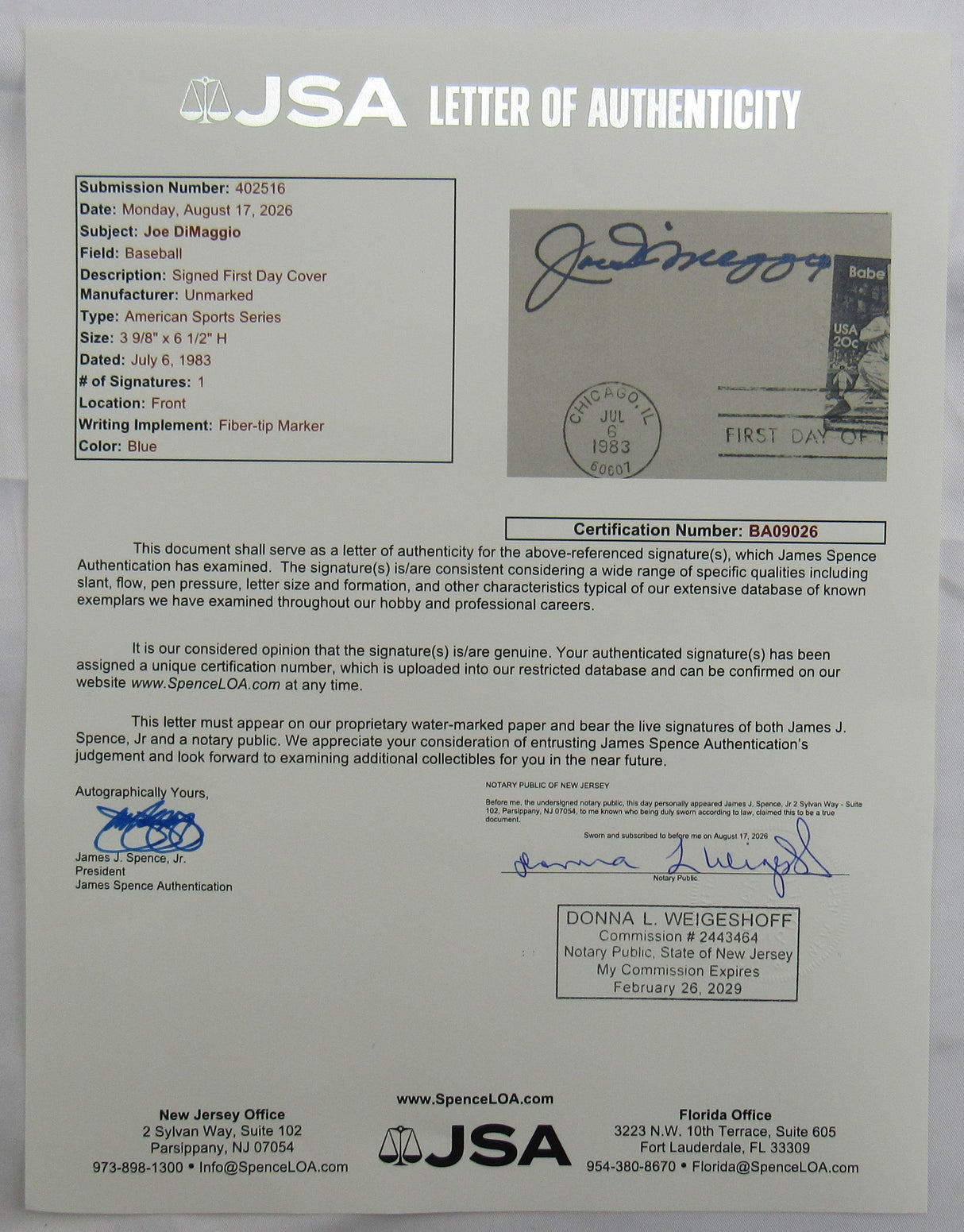 Joe DiMaggio Signed Cachet Auto Envelope JSA BA09026