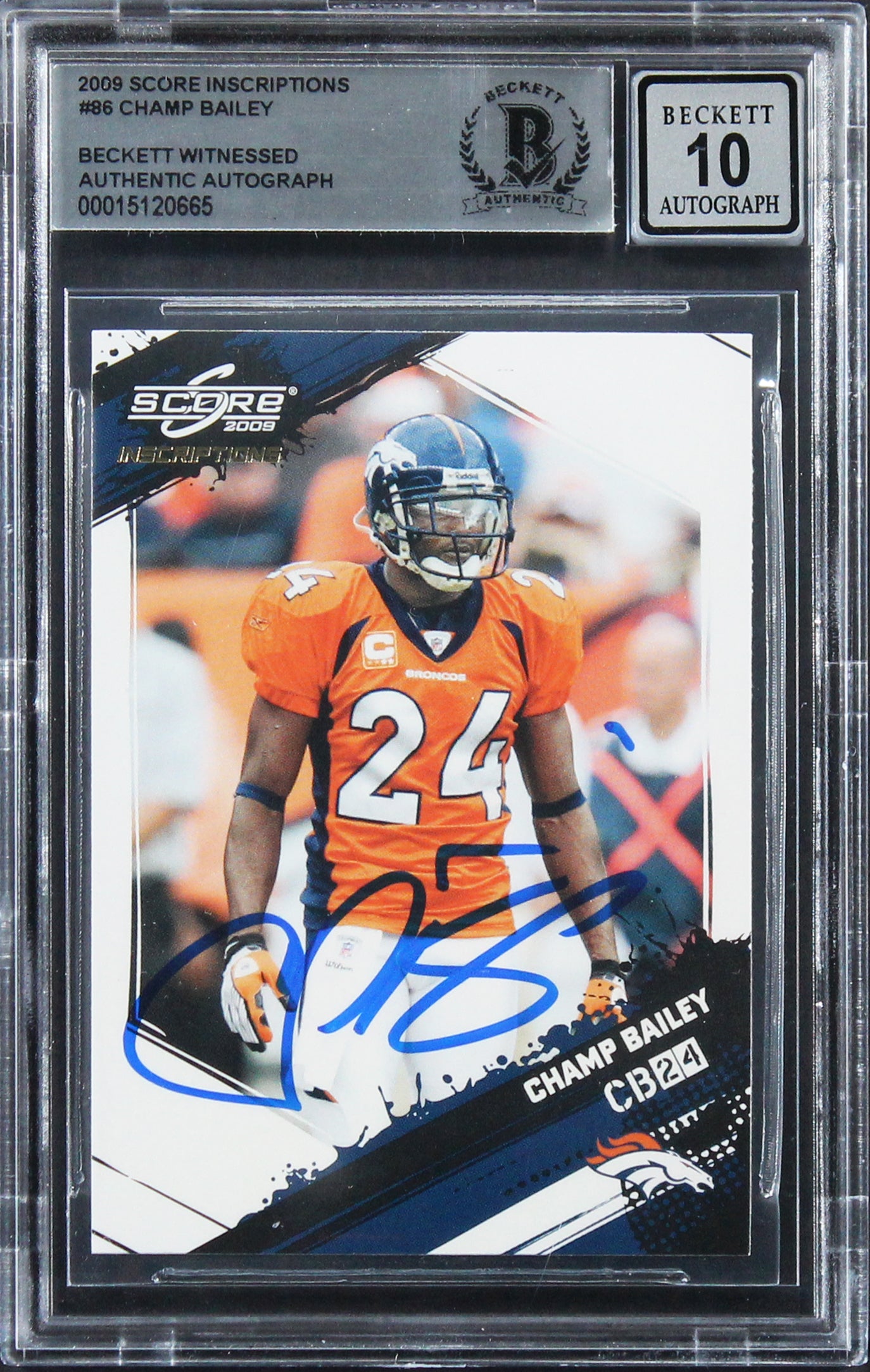 Broncos Champ Bailey Signed 2009 Score Inscriptions #86 Card Auto 10 BAS Slabbed
