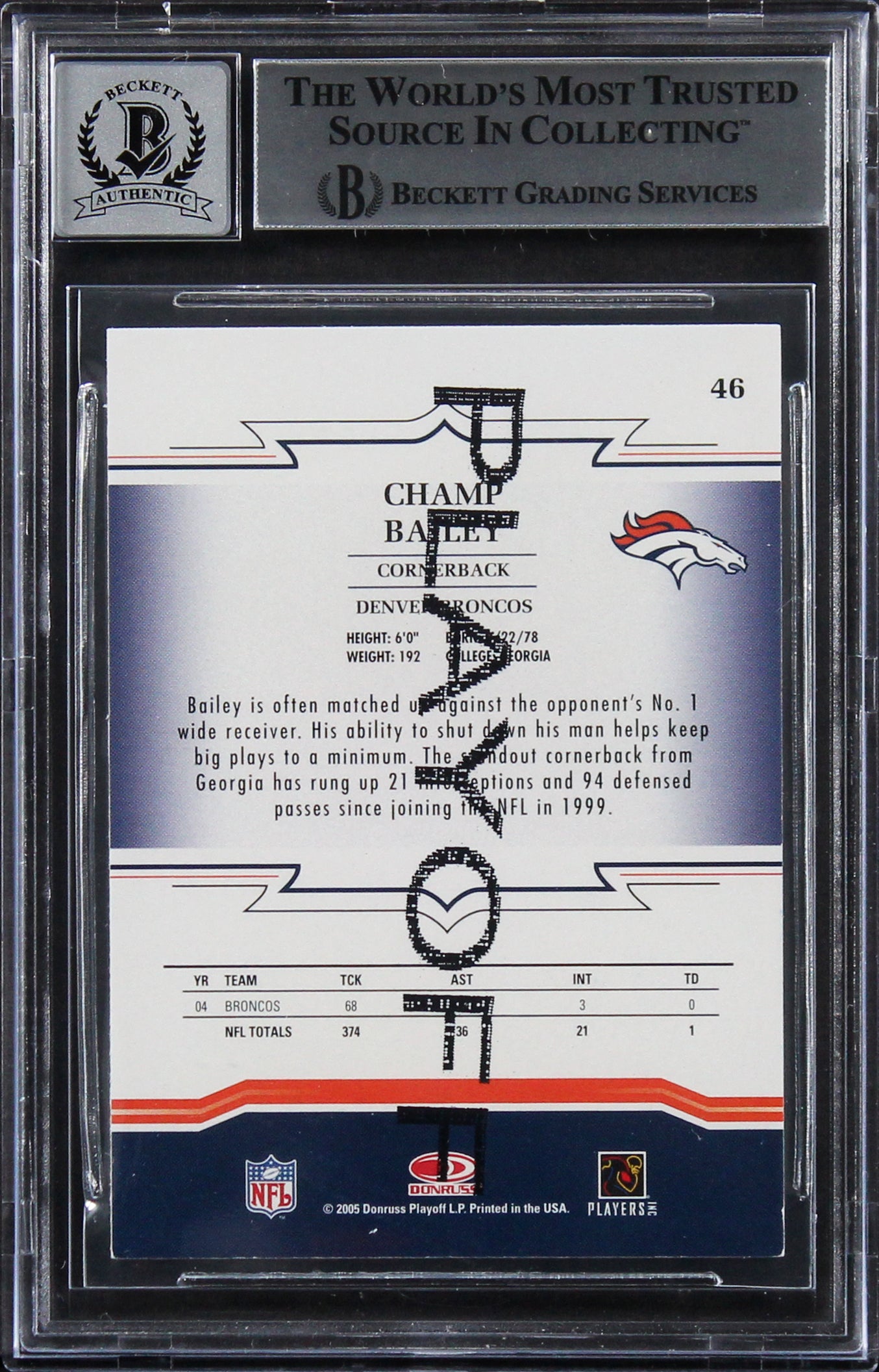 Champ Bailey Signed 2005 TB Threads Playoff Sample #46 Card Auto 10! BAS Slabbed