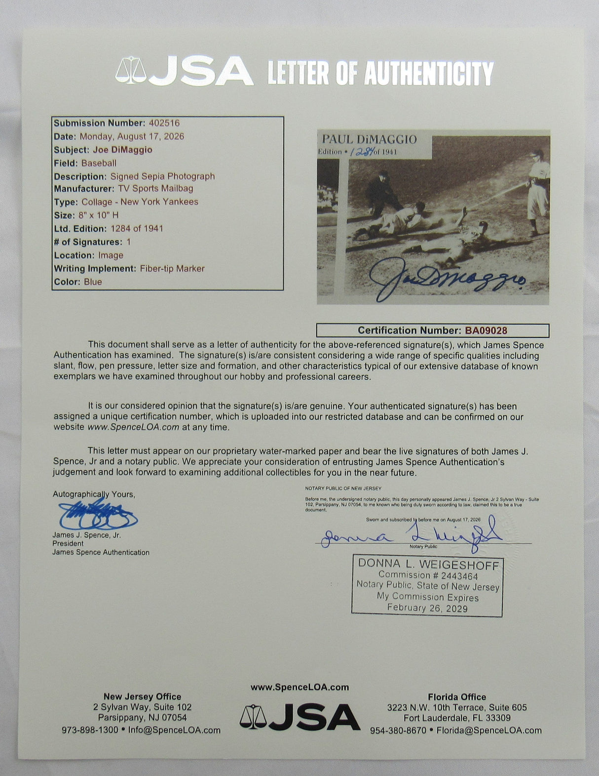 Joe DiMaggio Signed 8x10 Photo JSA BA09028