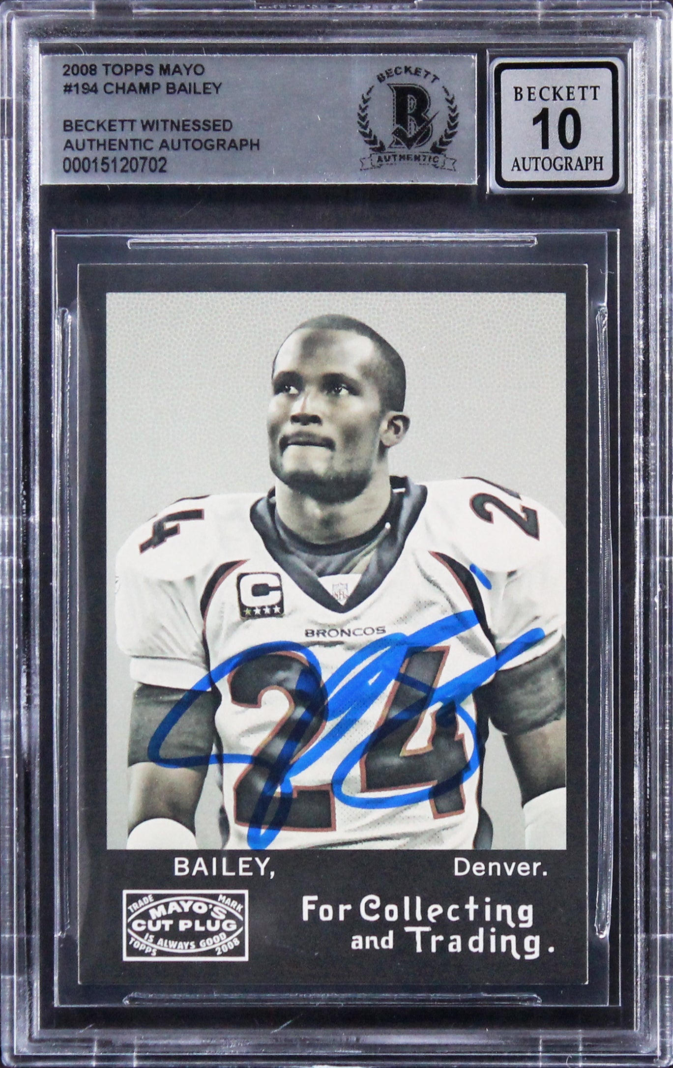 Broncos Champ Bailey Signed 2008 Topps Mayo #194 Card Auto 10! BAS Slabbed