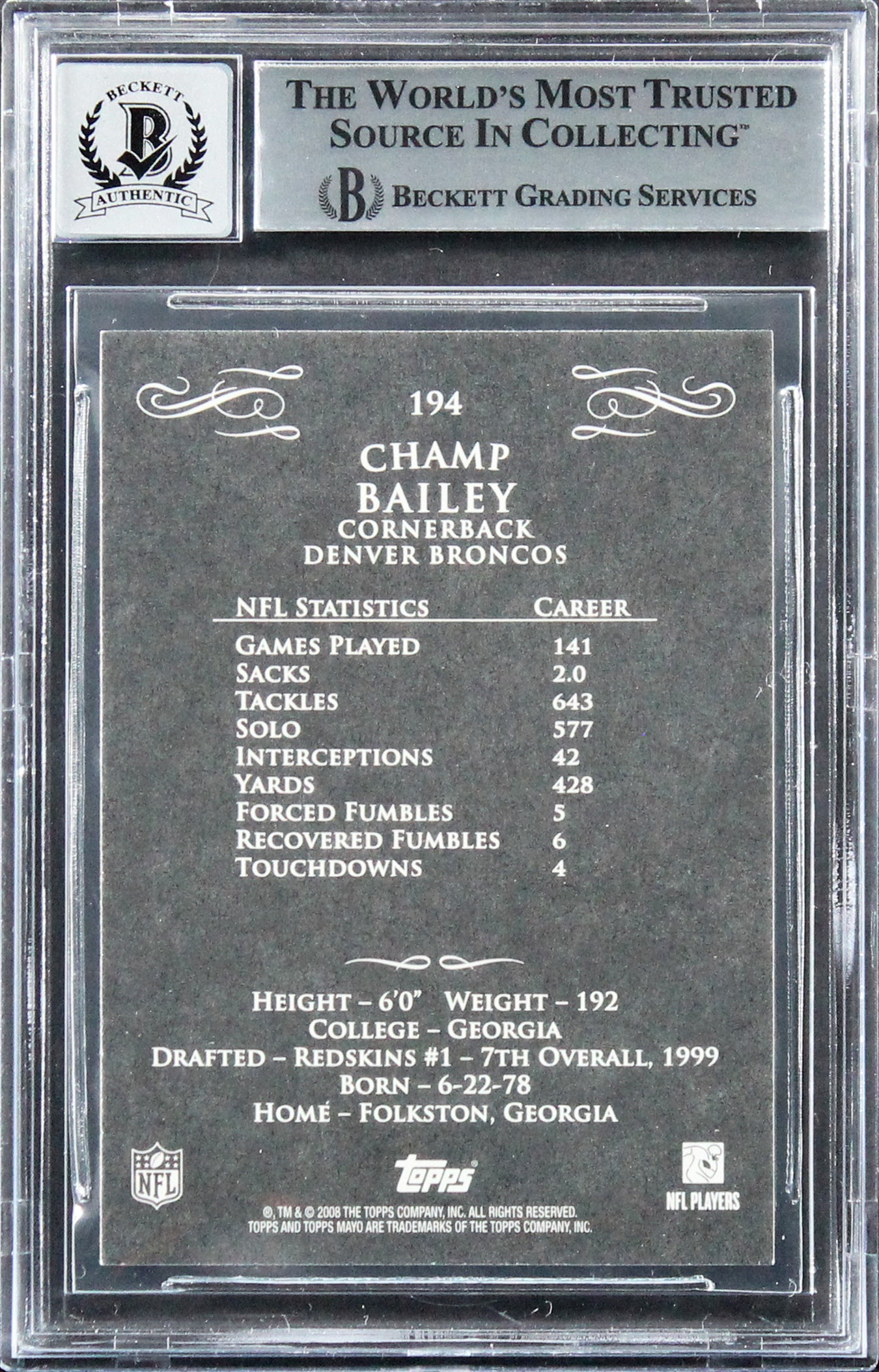 Broncos Champ Bailey Signed 2008 Topps Mayo #194 Card Auto 10! BAS Slabbed