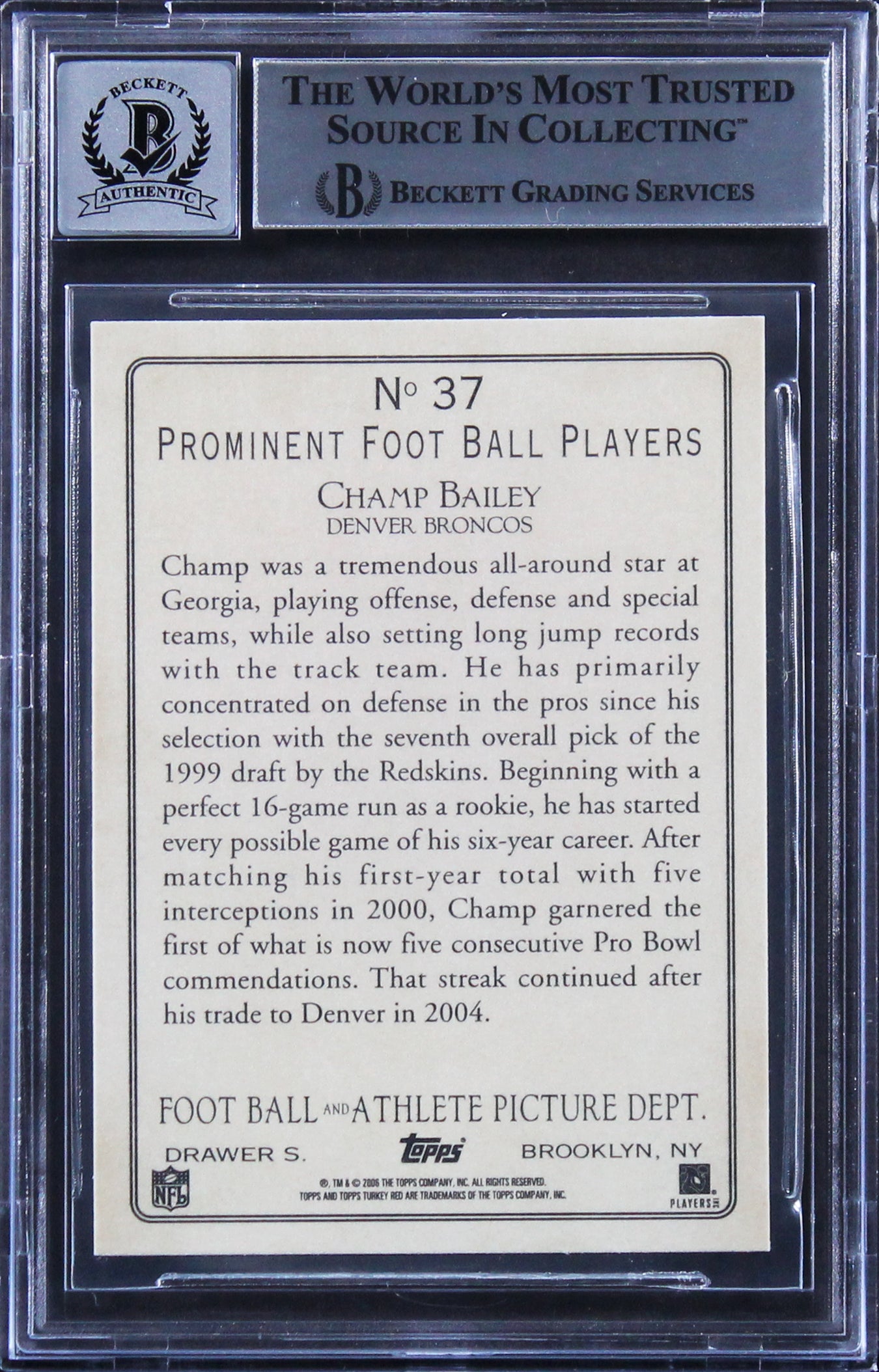 Broncos Champ Bailey Signed 2005 Topps Turkey Red #37A Card Auto 10! BAS Slabbed