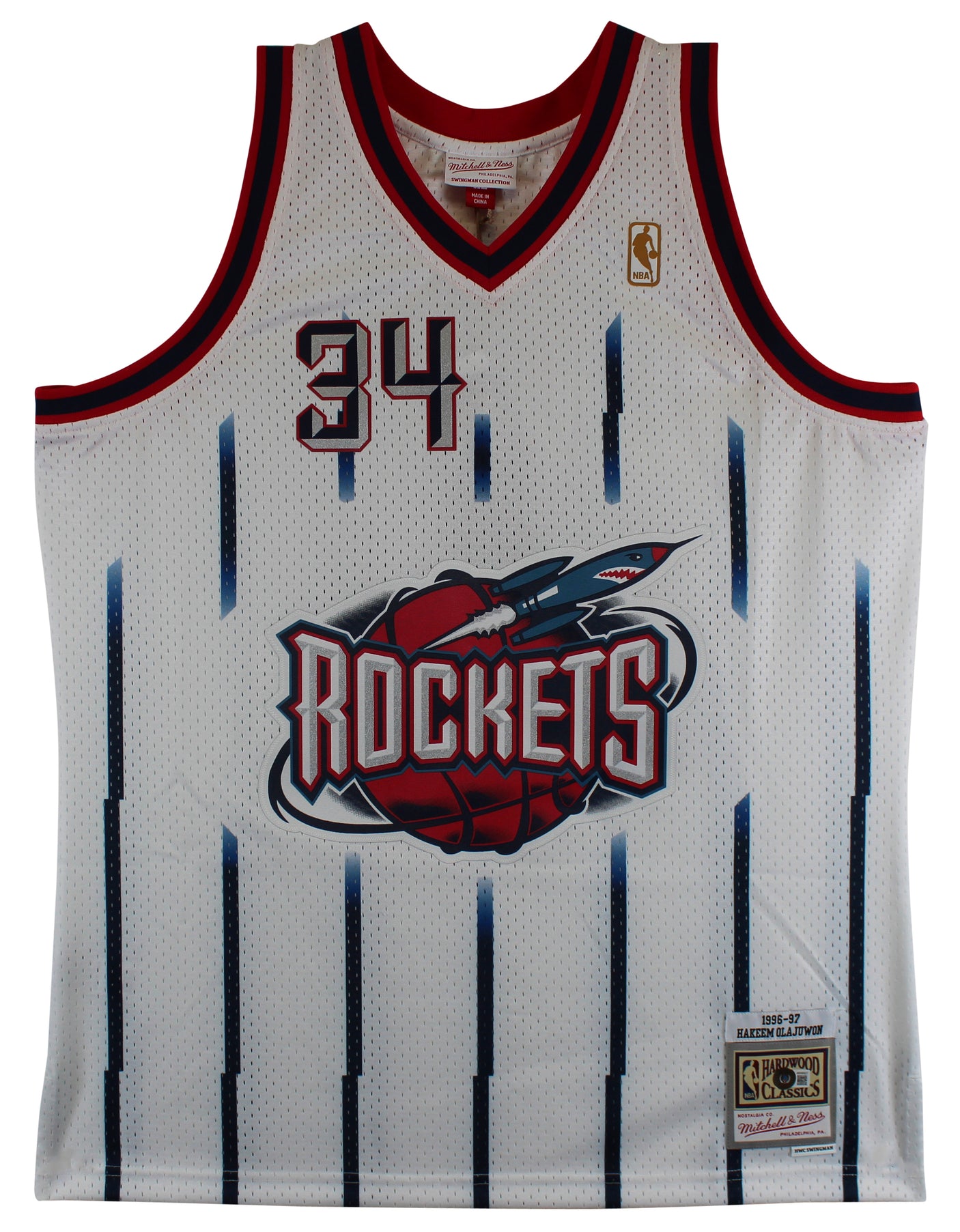 Rockets Hakeem Olajuwon "HOF 08" Signed White Mitchell & Ness Jersey BAS Witness