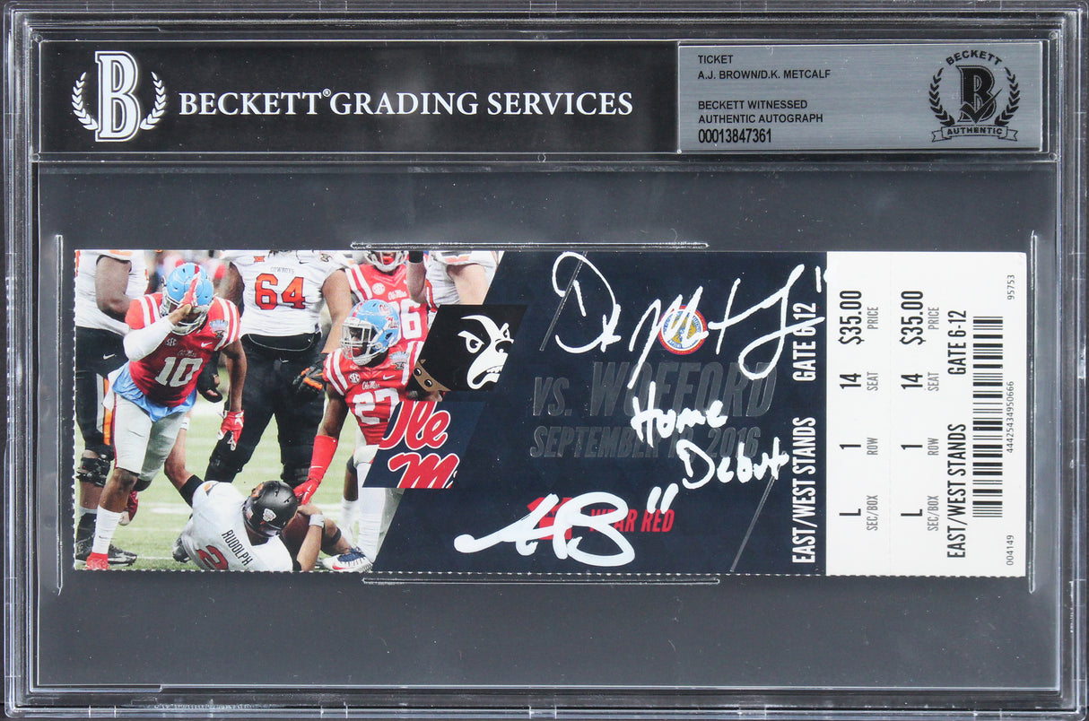 Ole Miss A.J. Brown & D.K. Metcalf Home Debut Signed 2016 Ticket Stub BAS Slab
