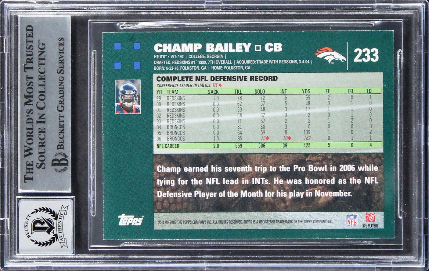 Broncos Champ Bailey Authentic Signed 2007 Topps #233 Card Auto 10! BAS Slabbed