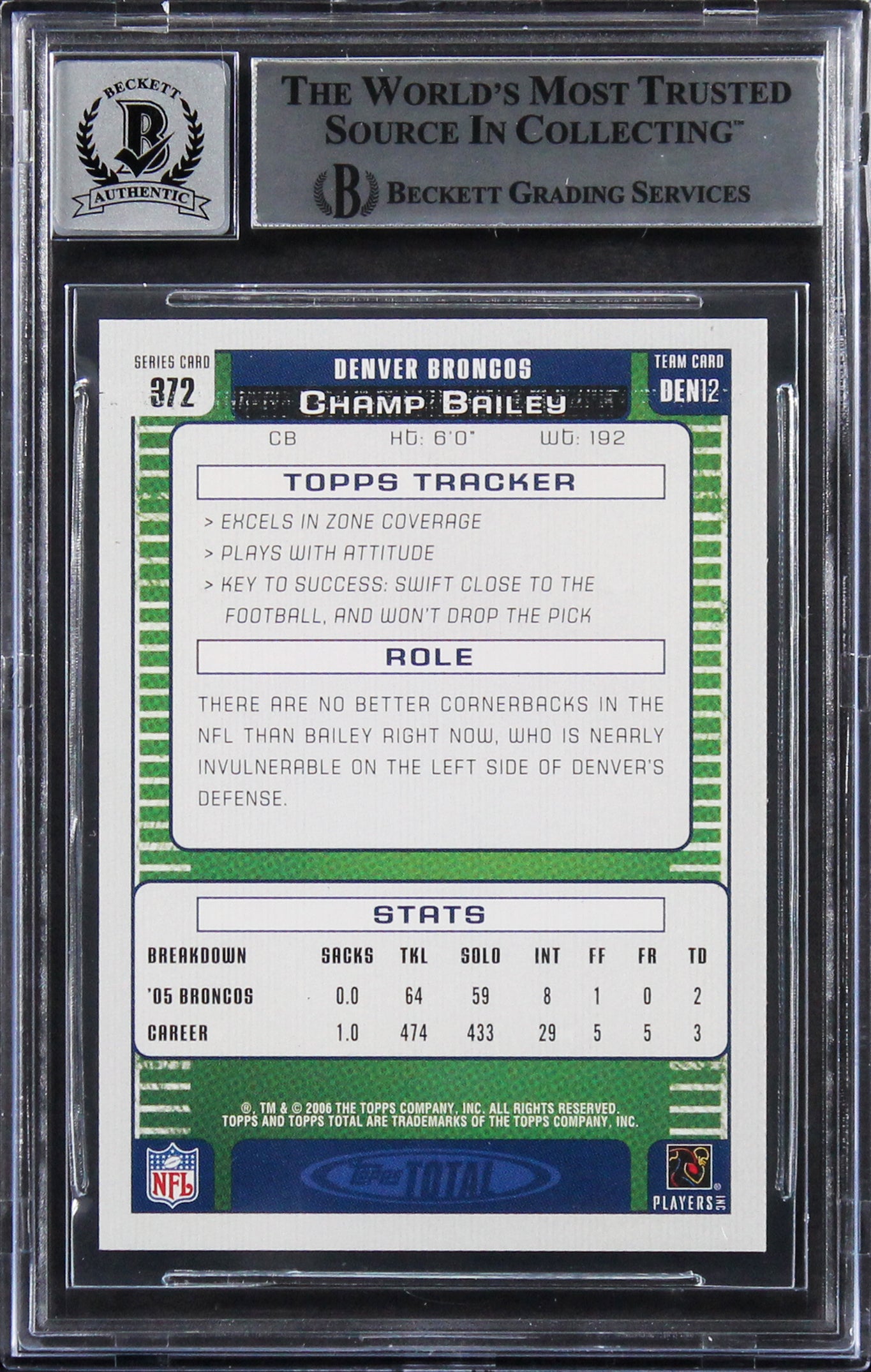 Broncos Champ Bailey Signed 2006 Topps Total #372 Card Auto 10! BAS Slabbed