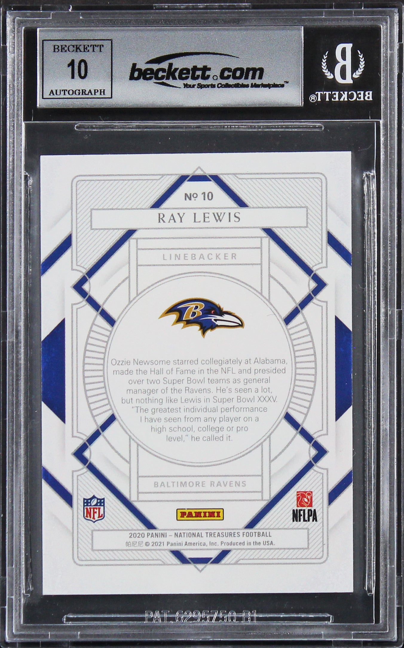 Ray Lewis Signed 2020 Panini National Treasures #10 76/99 Card Auto 10! BAS Slab