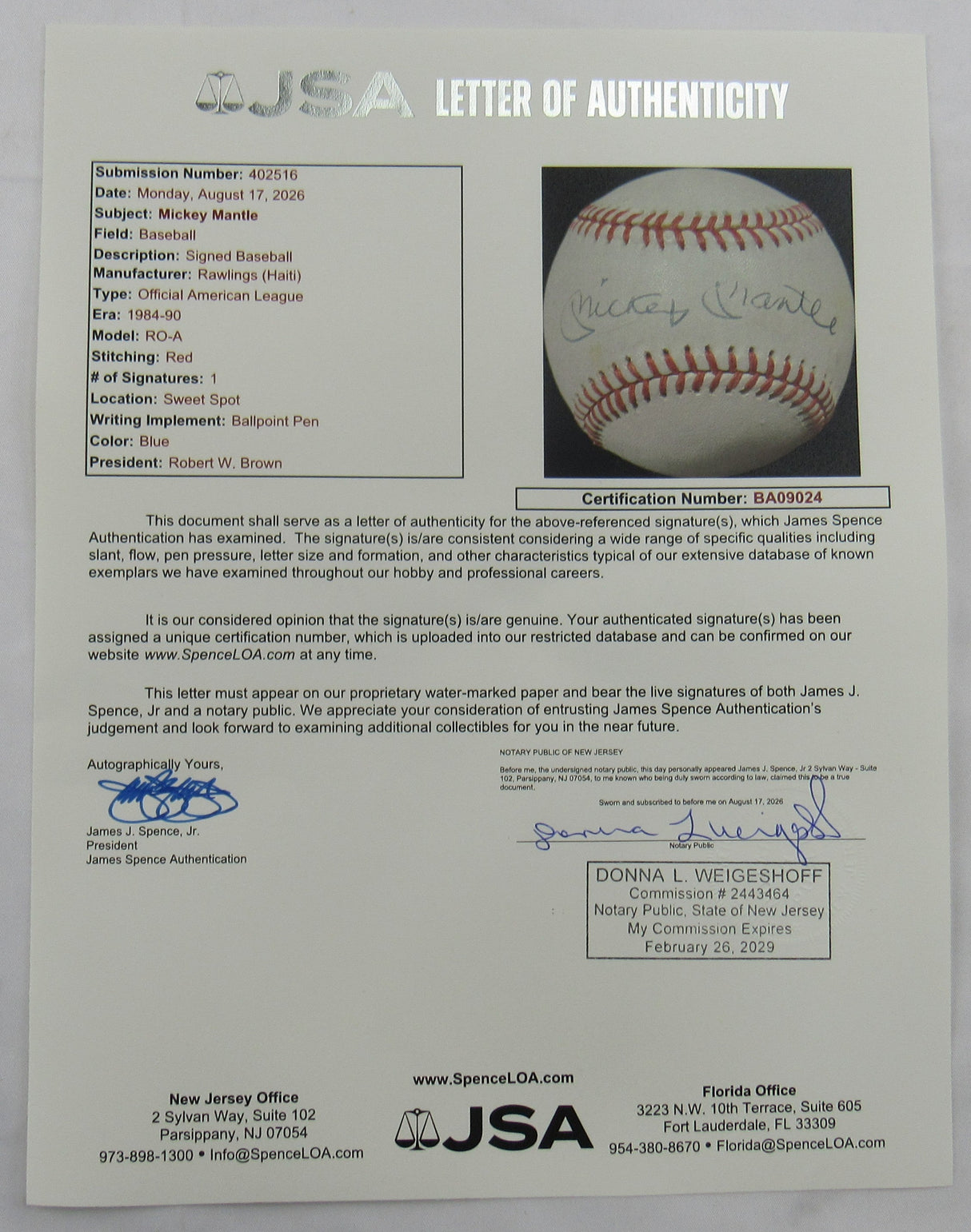 Mickey Mantle Signed Rawlings Baseball JSA BA09024