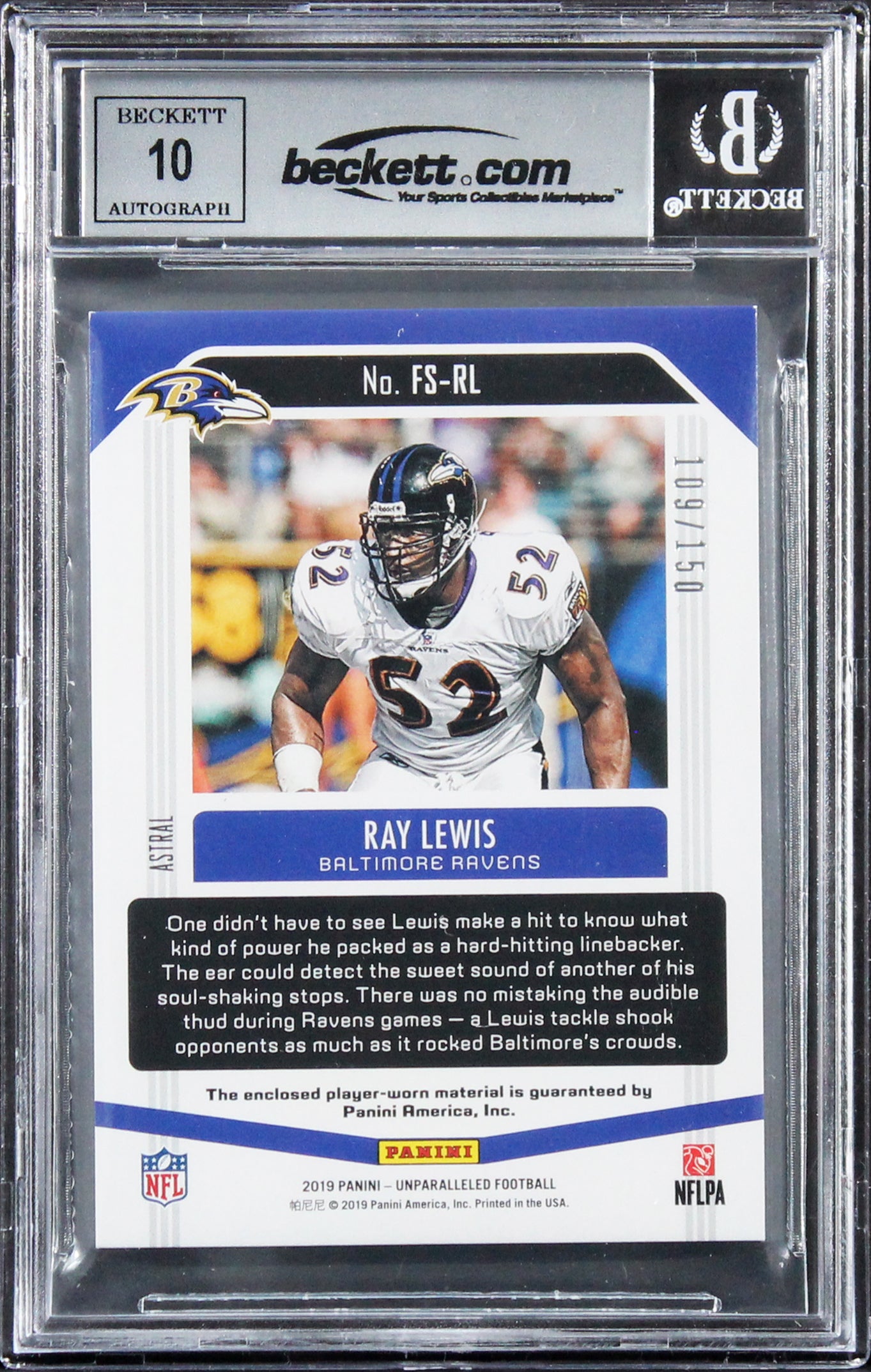Ray Lewis Signed 2019 Panini Jerseys Astral #4 109/150 Card Auto 10! BAS Slabbed